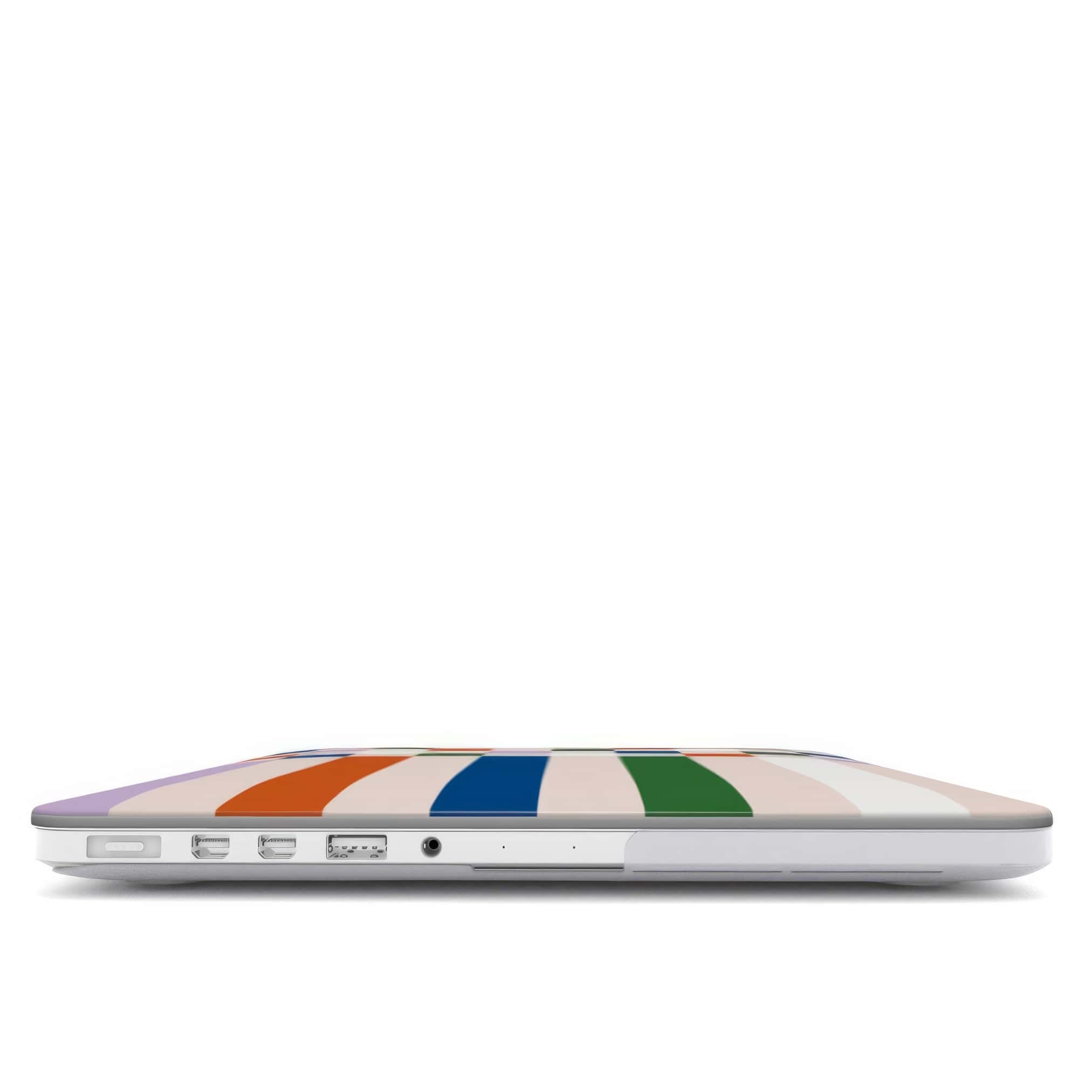 MacBook case Pixel Grid 2 pattern design with a bold color blocks in pixel and stripes modern style, featuring an elegant and expressive aesthetic design. Main colors are rich orange, blue, lilac and green. Closed view.