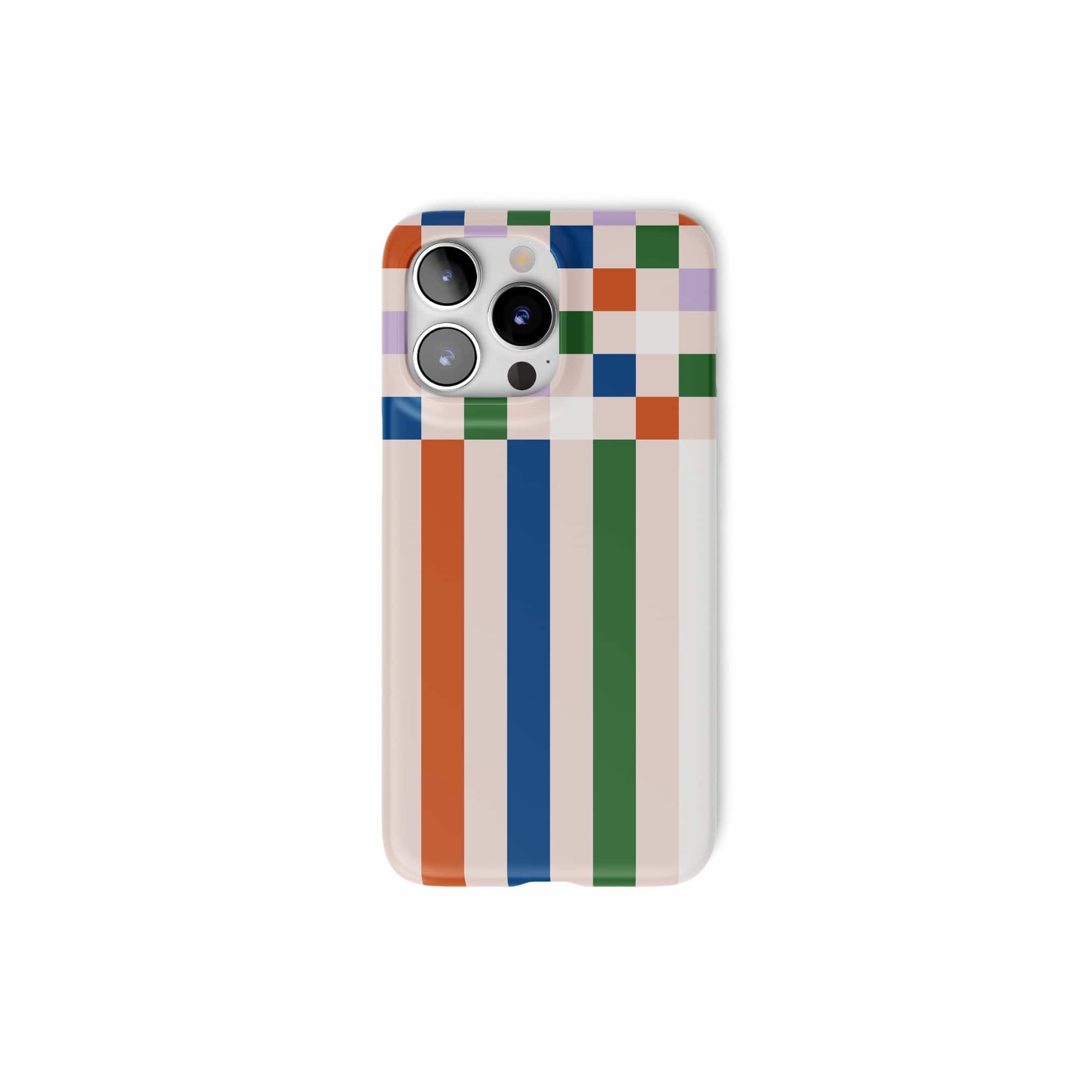 Ultra thin snap phone case Pixel Grid 2 pattern design with a bold color blocks in pixel and stripes modern style, featuring an elegant and expressive aesthetic design. Main colors are rich orange, blue, lilac and green. Front view.