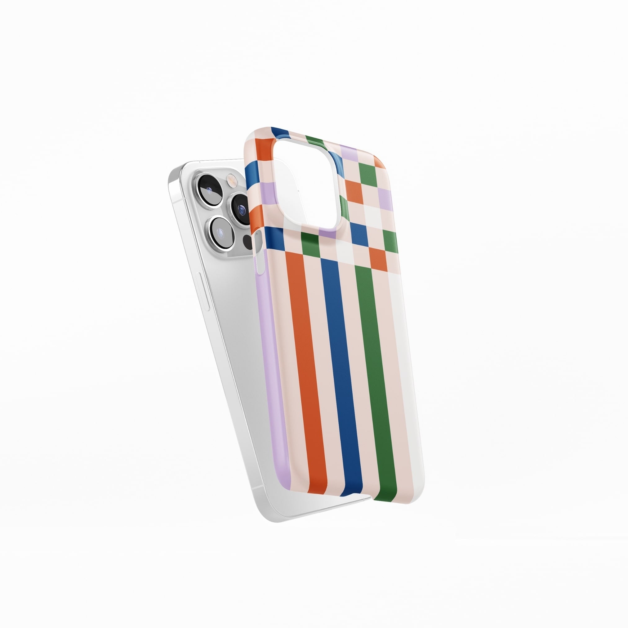 Ultra thin snap phone case Pixel Grid 2 pattern design with a bold color blocks in pixel and stripes modern style, featuring an elegant and expressive aesthetic design. Main colors are rich orange, blue, lilac and green. Side view.