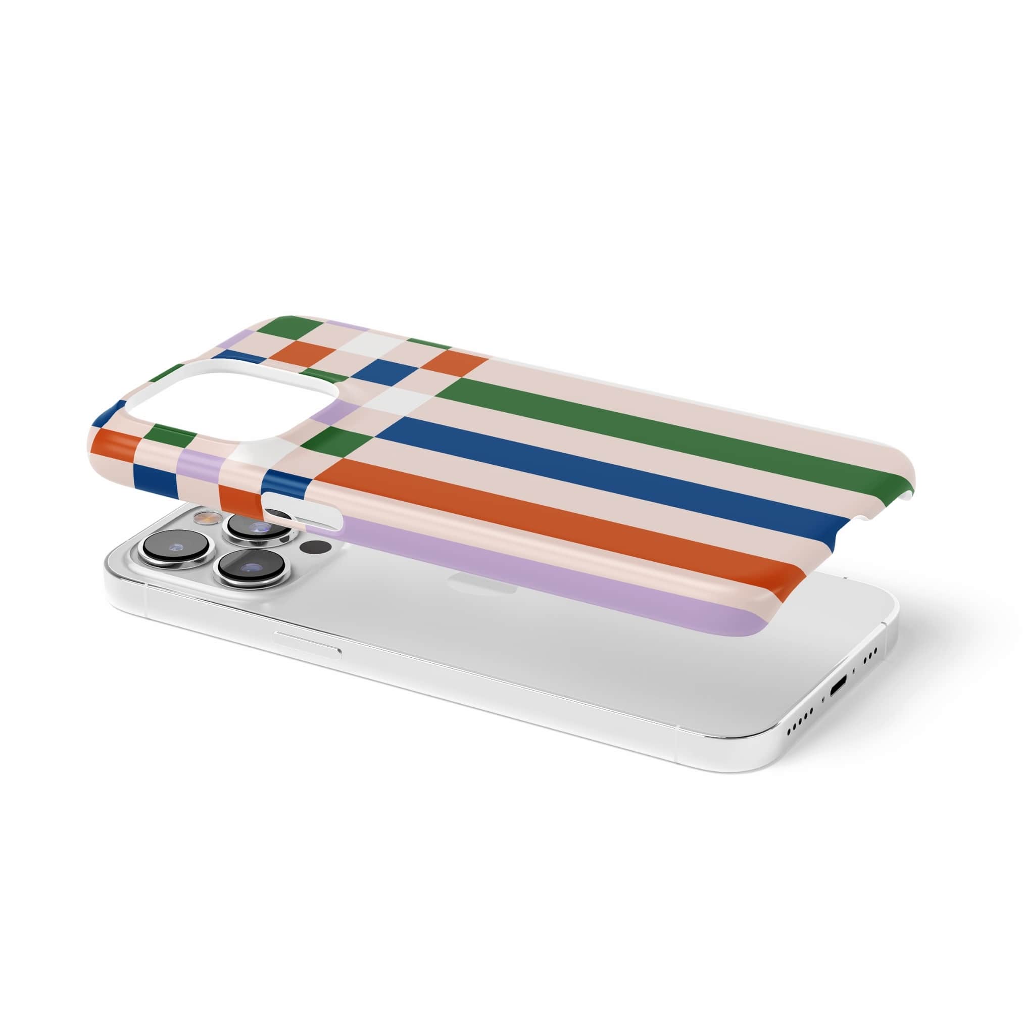 Ultra thin snap phone case Pixel Grid 2 pattern design with a bold color blocks in pixel and stripes modern style, featuring an elegant and expressive aesthetic design. Main colors are rich orange, blue, lilac and green. Extend view.