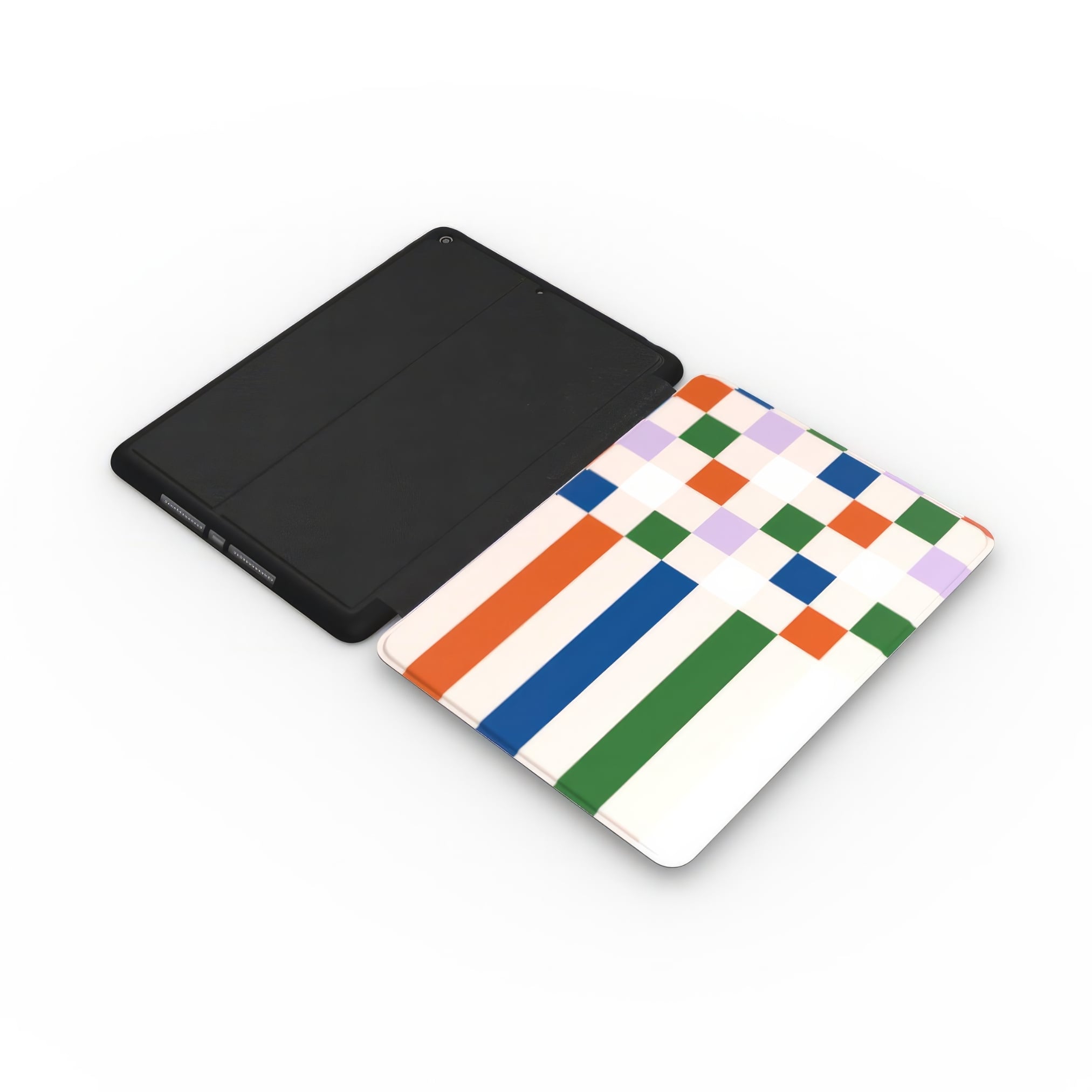 iPad case Pixel Grid 2 pattern design with a bold color blocks in pixel and stripes modern style, featuring an elegant and expressive aesthetic design. Main colors are rich orange, blue, lilac and green. Extend view.