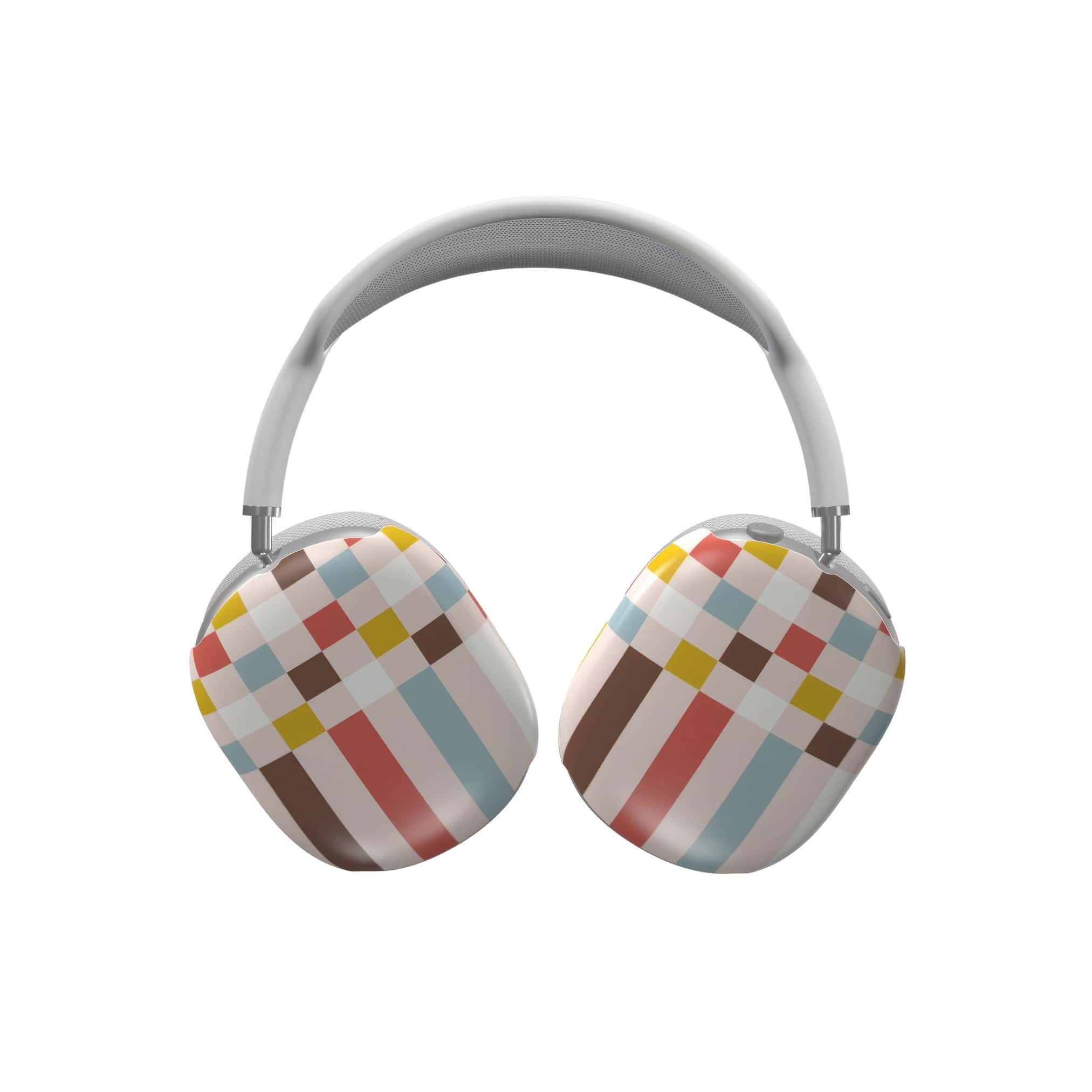 AirPods Max hard shell case Pixel Grid 3 pattern design with a bold color blocks in pixel and stripes modern style, featuring an elegant and expressive aesthetic design. Main colors are pastel with pink, brown, muted red and light sky blue. Front view.