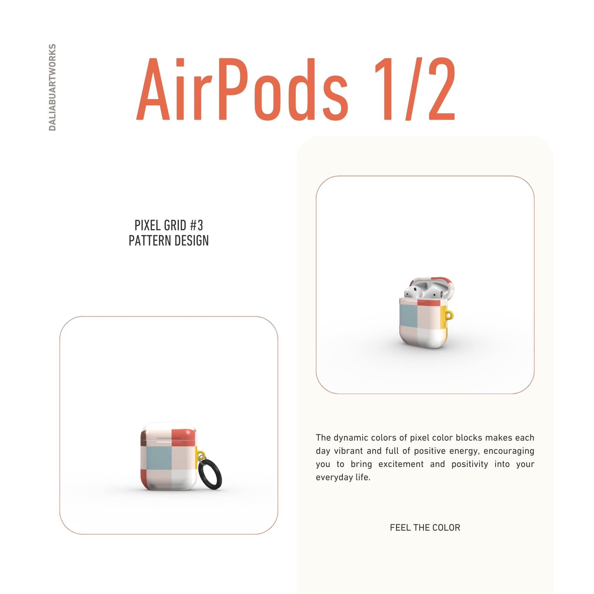 AirPods 1 and 2 tough case Pixel Grid 3 pattern design with a bold color blocks in pixel and stripes modern style, featuring an elegant and expressive aesthetic design. Main colors are pastel with pink, brown, muted red and light sky blue. Front view.