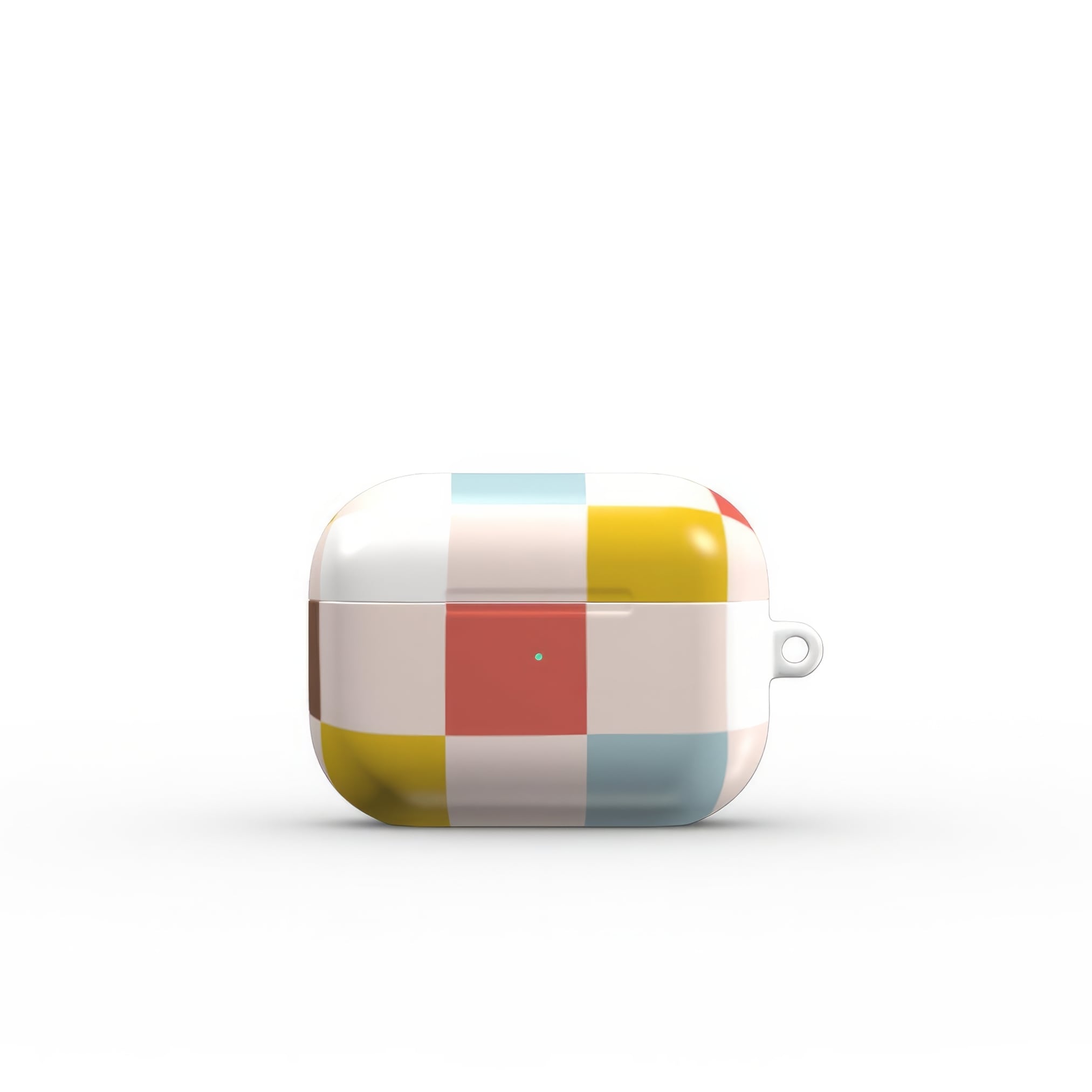 AirPods Pro tough case Pixel Grid 3 pattern design with a bold color blocks in pixel and stripes modern style, featuring an elegant and expressive aesthetic design. Main colors are pastel with pink, brown, muted red and light sky blue. Closed front view.