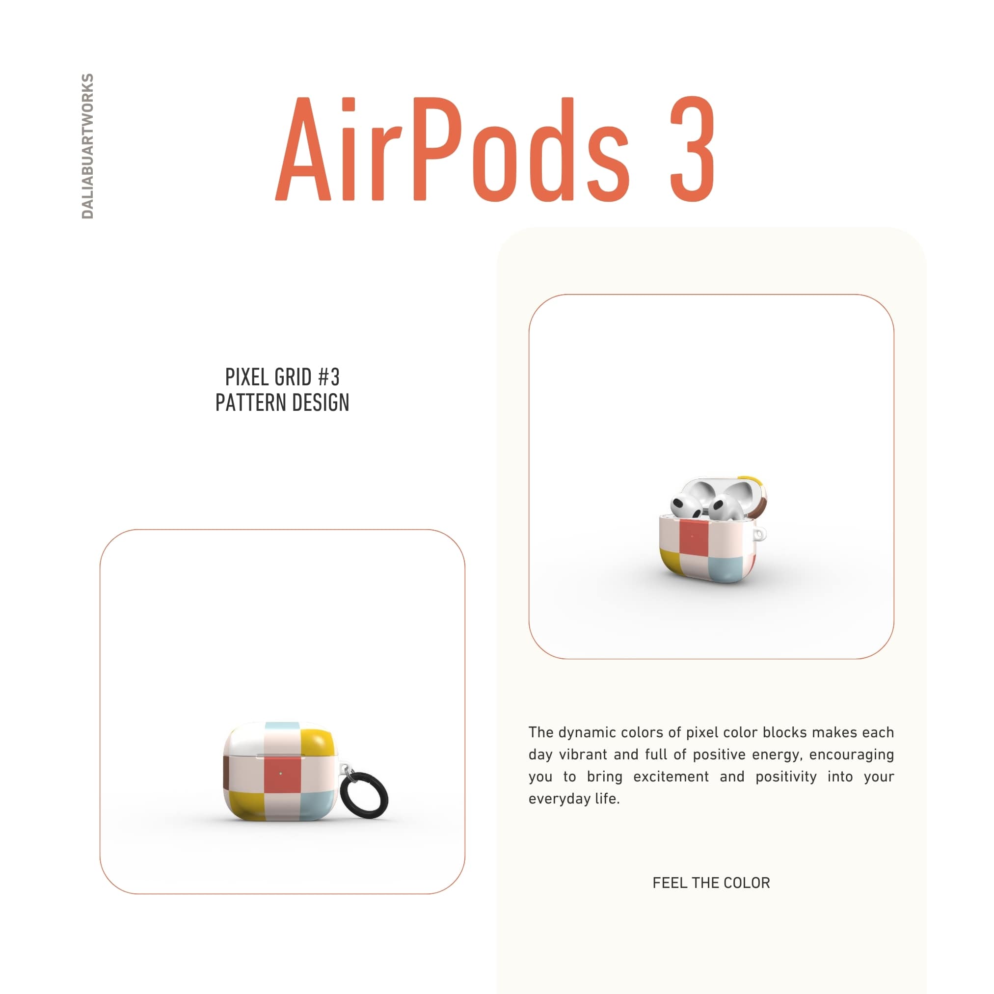 AirPods 3 tough case Pixel Grid 3 pattern design with a bold color blocks in pixel and stripes modern style, featuring an elegant and expressive aesthetic design. Main colors are pastel with pink, brown, muted red and light sky blue. Front view.