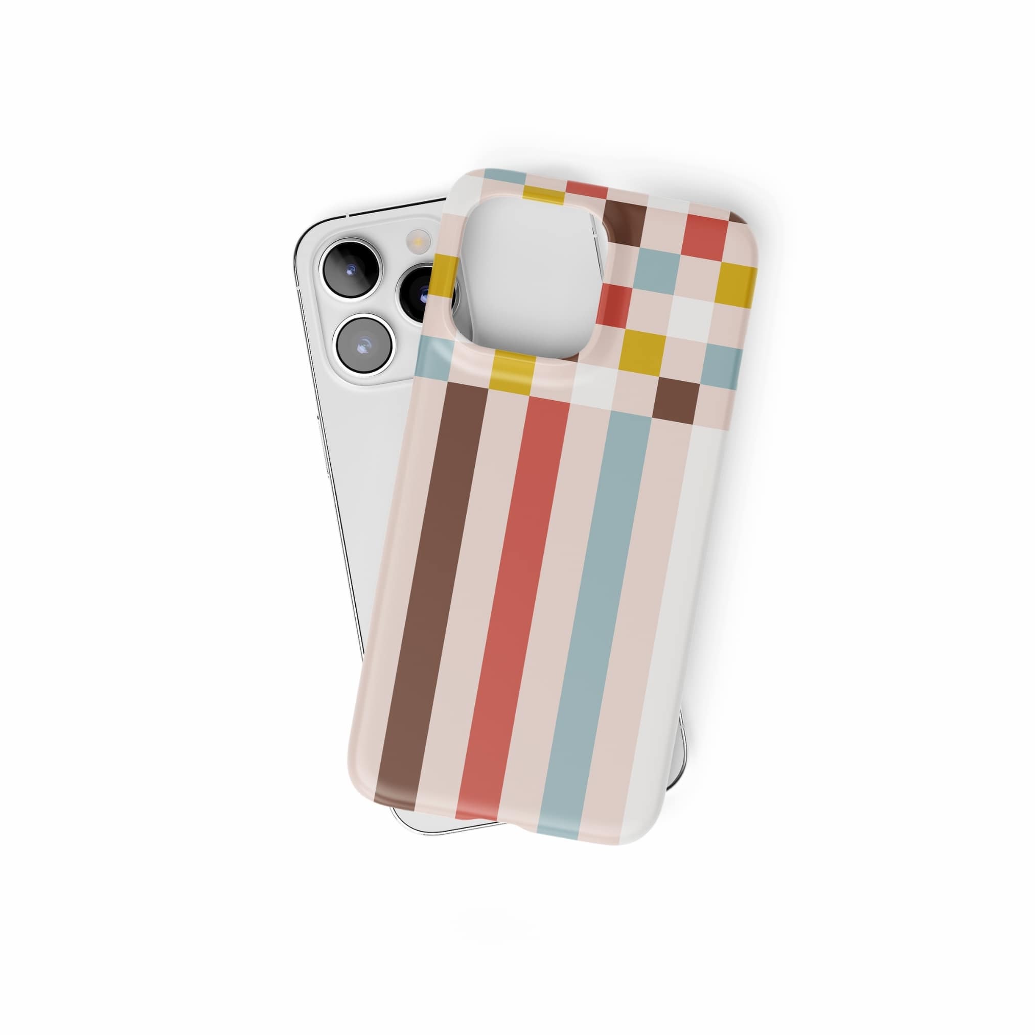 Ultra thin snap phone case Pixel Grid 3 pattern design with a bold color blocks in pixel and stripes modern style, featuring an elegant and expressive aesthetic design. Main colors are pastel with pink, brown, muted red and light sky blue. Front view.