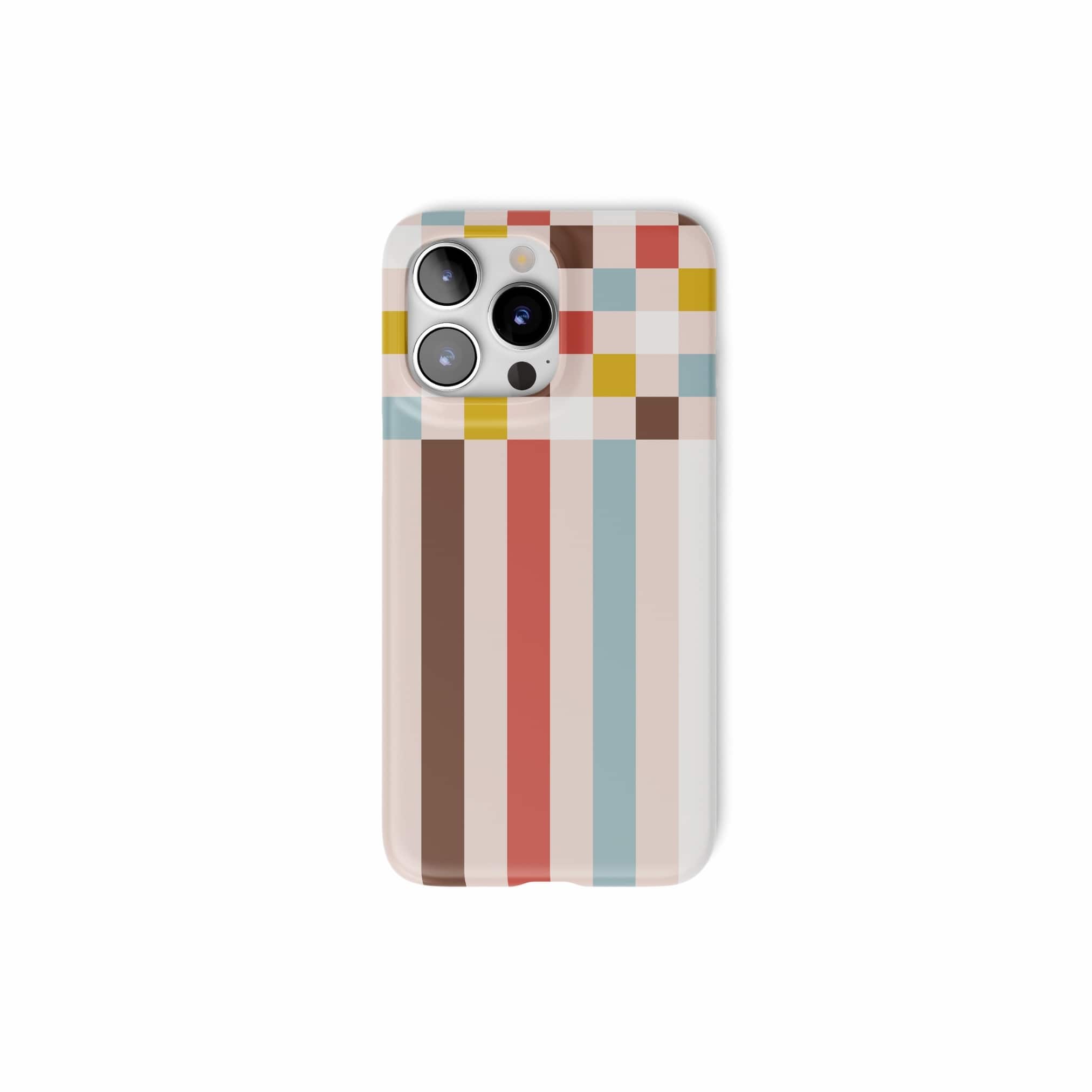 Ultra thin snap phone case Pixel Grid 3 pattern design with a bold color blocks in pixel and stripes modern style, featuring an elegant and expressive aesthetic design. Main colors are pastel with pink, brown, muted red and light sky blue. Front view.