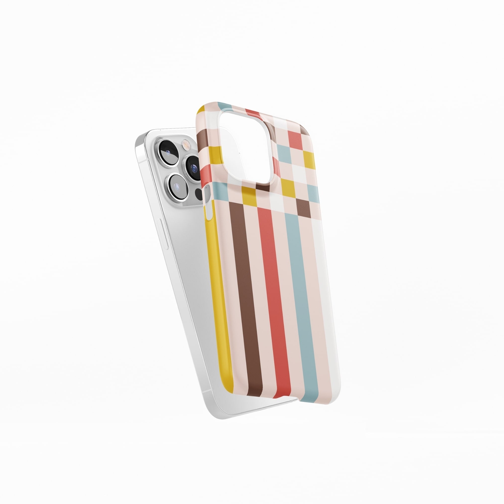 Ultra thin snap phone case Pixel Grid 3 pattern design with a bold color blocks in pixel and stripes modern style, featuring an elegant and expressive aesthetic design. Main colors are pastel with pink, brown, muted red and light sky blue. Side view.