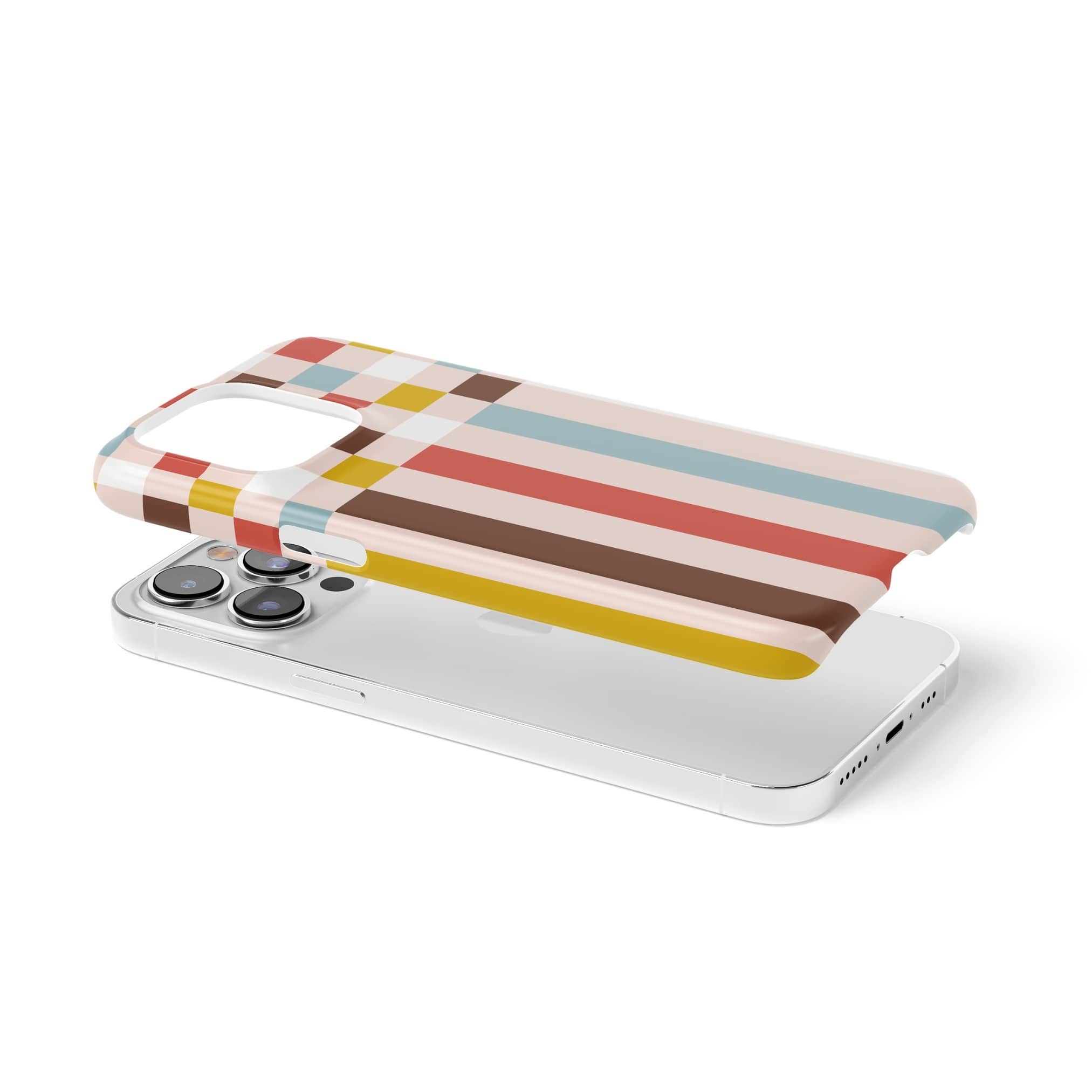 Ultra thin snap phone case Pixel Grid 3 pattern design with a bold color blocks in pixel and stripes modern style, featuring an elegant and expressive aesthetic design. Main colors are pastel with pink, brown, muted red and light sky blue. Extend view.