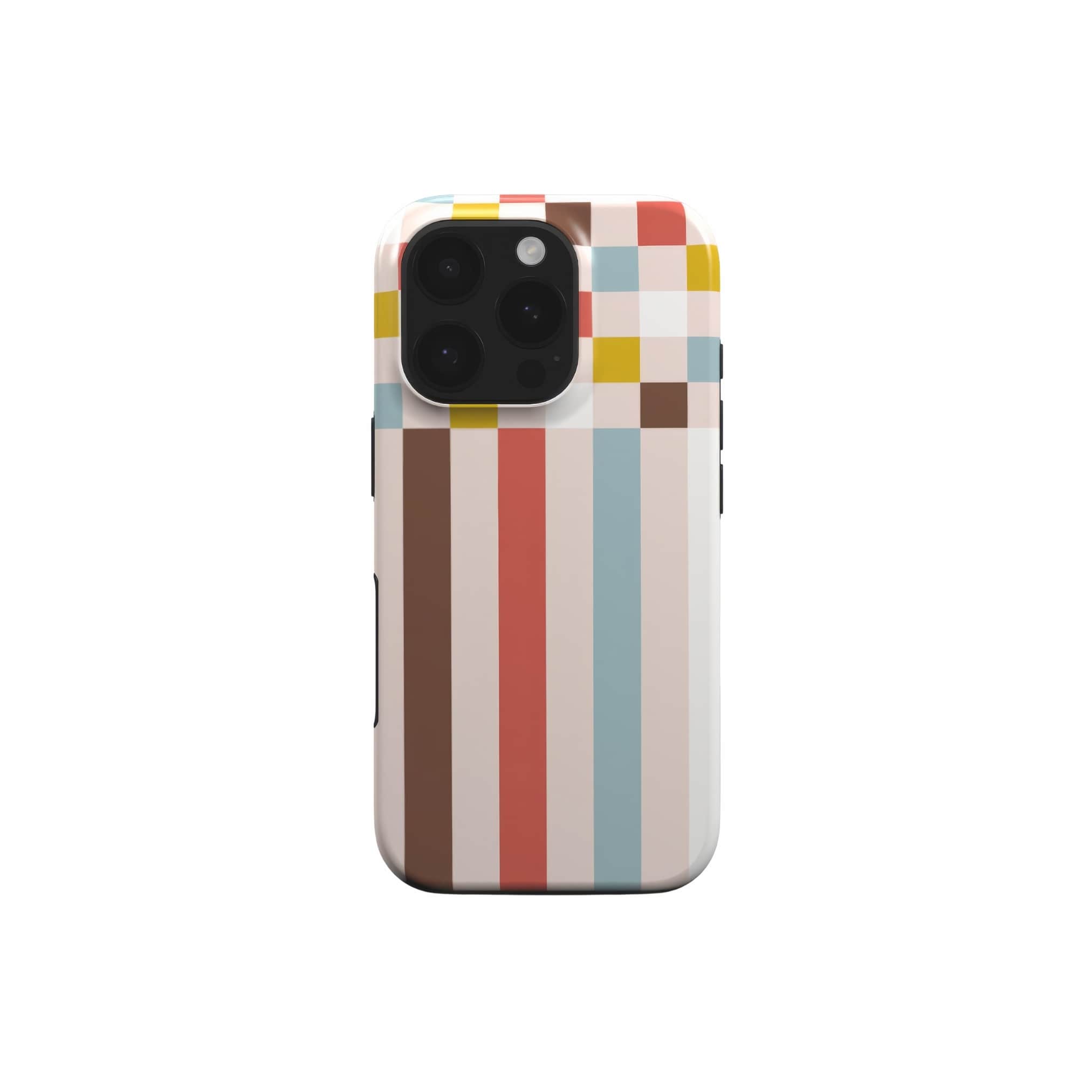 Tough phone case Pixel Grid 3 pattern design with a bold color blocks in pixel and stripes modern style, featuring an elegant and expressive aesthetic design. Main colors are pastel with pink, brown, muted red and light sky blue. Front view.