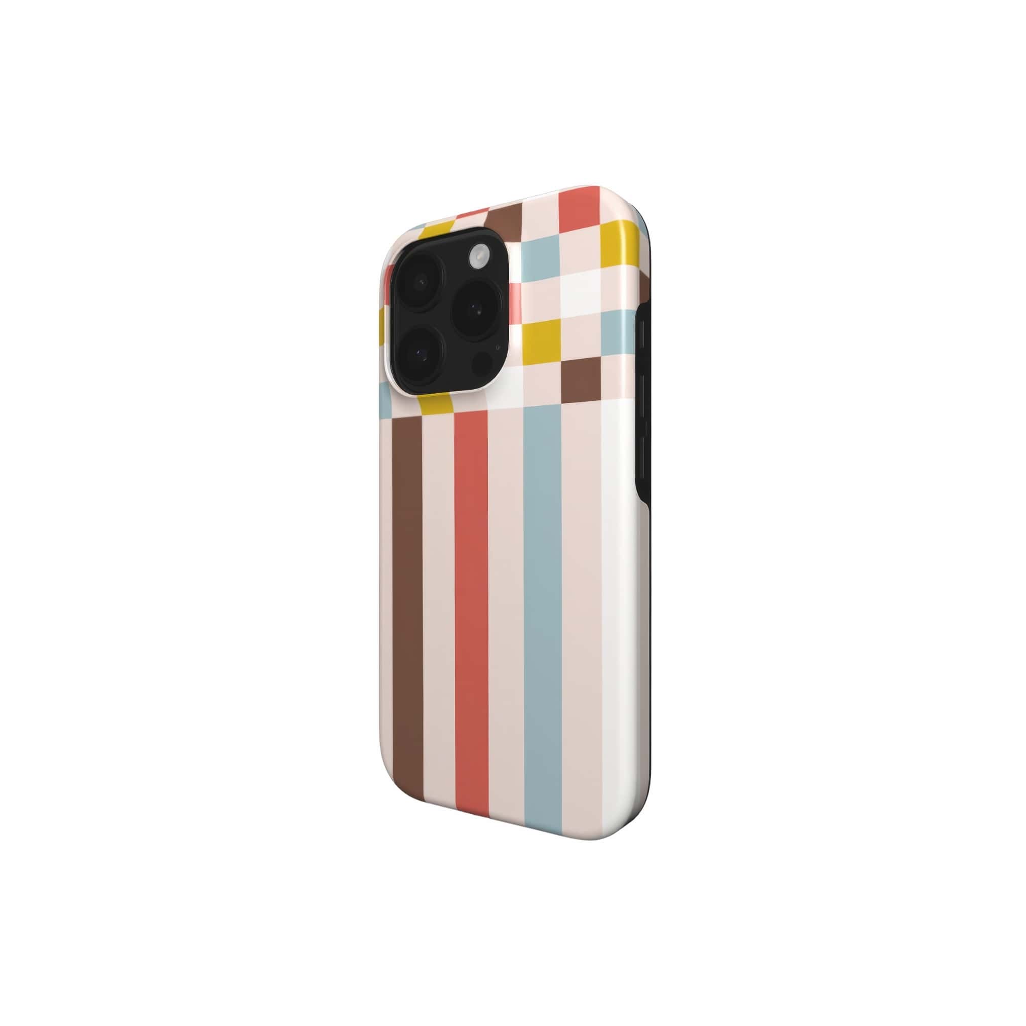 Tough phone case Pixel Grid 3 pattern design with a bold color blocks in pixel and stripes modern style, featuring an elegant and expressive aesthetic design. Main colors are pastel with pink, brown, muted red and light sky blue. Side view.