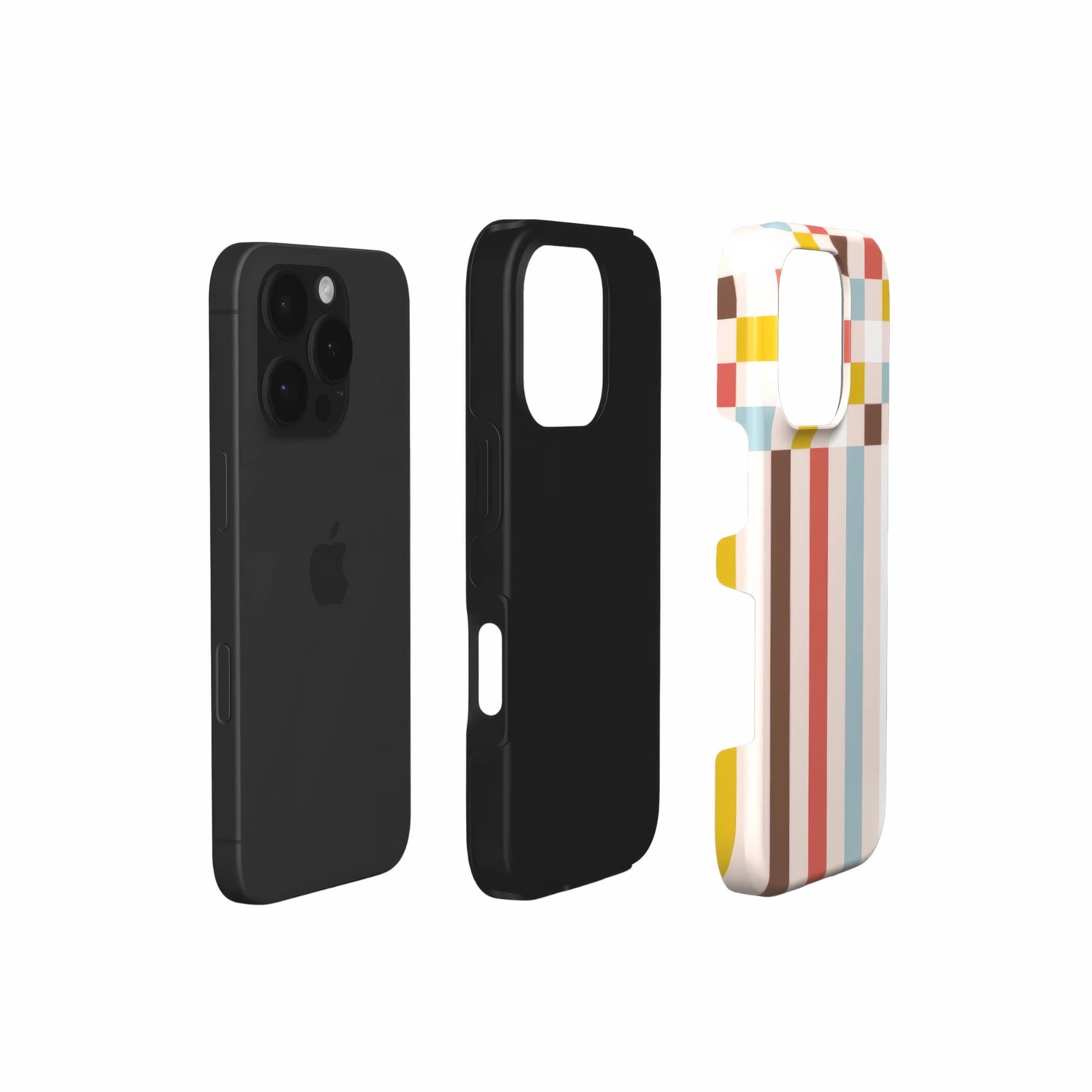 Tough phone case Pixel Grid 3 pattern design with a bold color blocks in pixel and stripes modern style, featuring an elegant and expressive aesthetic design. Main colors are pastel with pink, brown, muted red and light sky blue. Extend view.