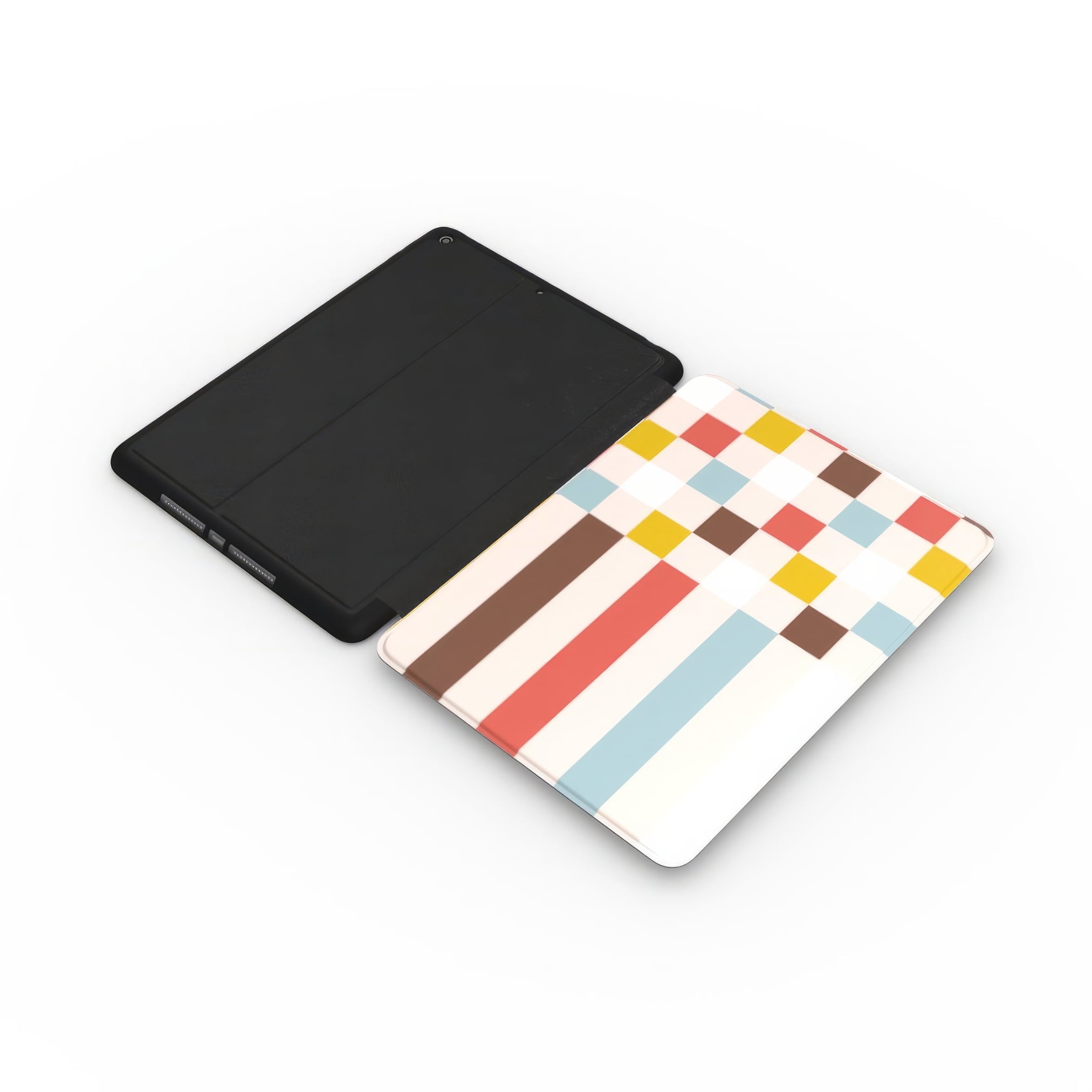 iPad case Pixel Grid 3 pattern design with a bold color blocks in pixel and stripes modern style, featuring an elegant and expressive aesthetic design. Main colors are pastel with pink, brown, muted red and light sky blue. Side extend view.