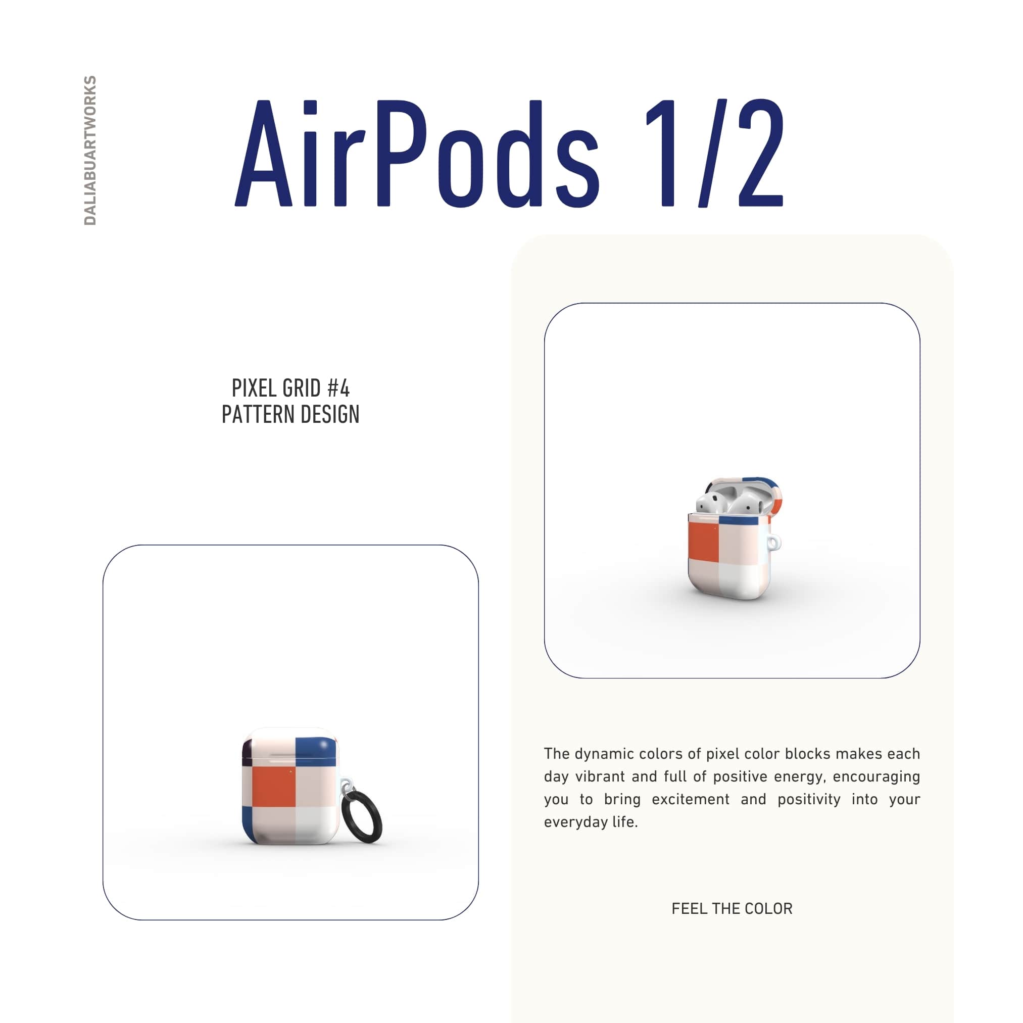 AirPods 1 and 2 ultra thin hard shell tough case Pixel Grid 4 pattern design with a bold color blocks in pixel and stripes modern style, featuring an elegant and expressive aesthetic design. Main colors are pink, navy, orange red and light sky blue. Front view.