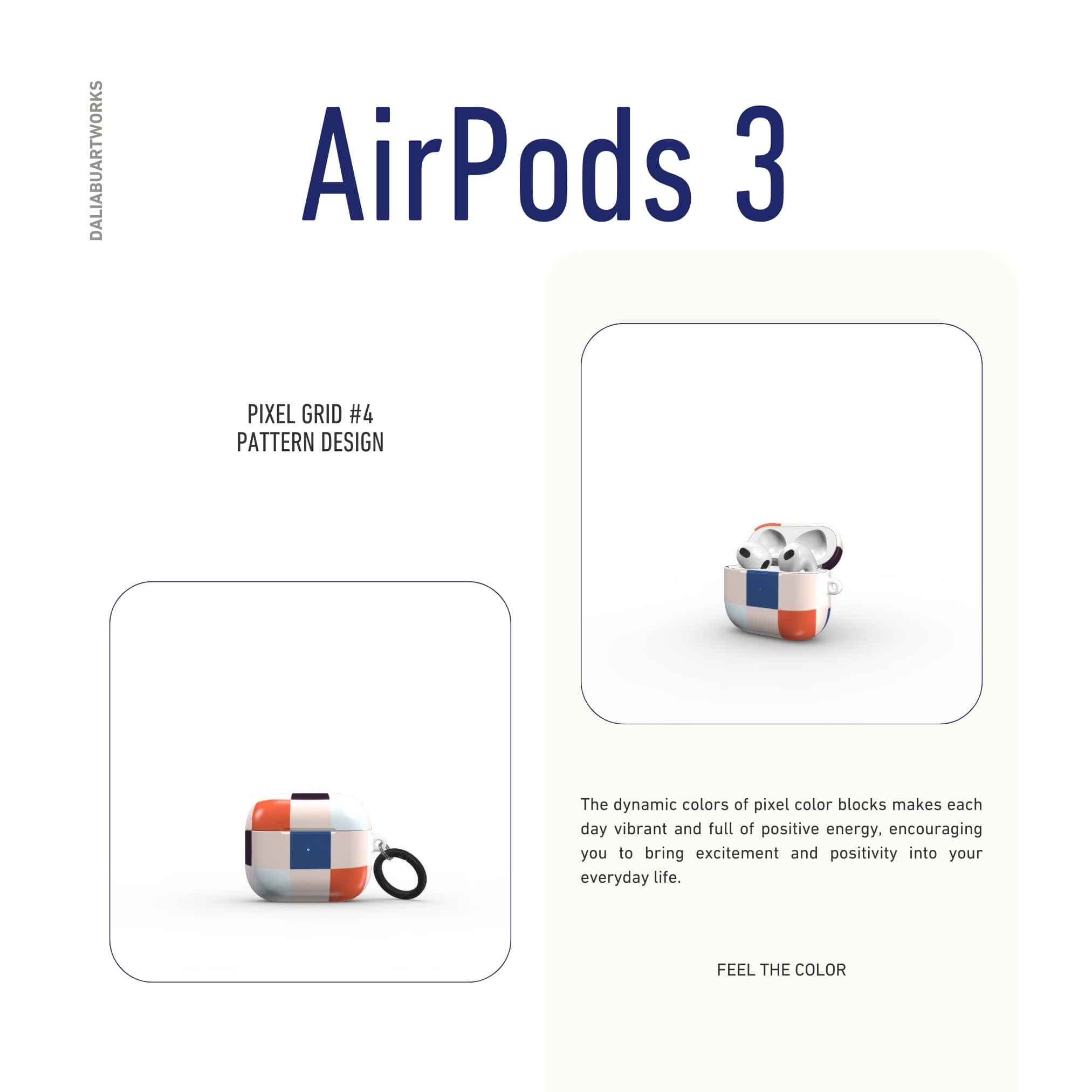 AirPods 3 ultra thin hard shell tough case Pixel Grid 4 pattern design with a bold color blocks in pixel and stripes modern style, featuring an elegant and expressive aesthetic design. Main colors are pink, navy, orange red and light sky blue. Front view.