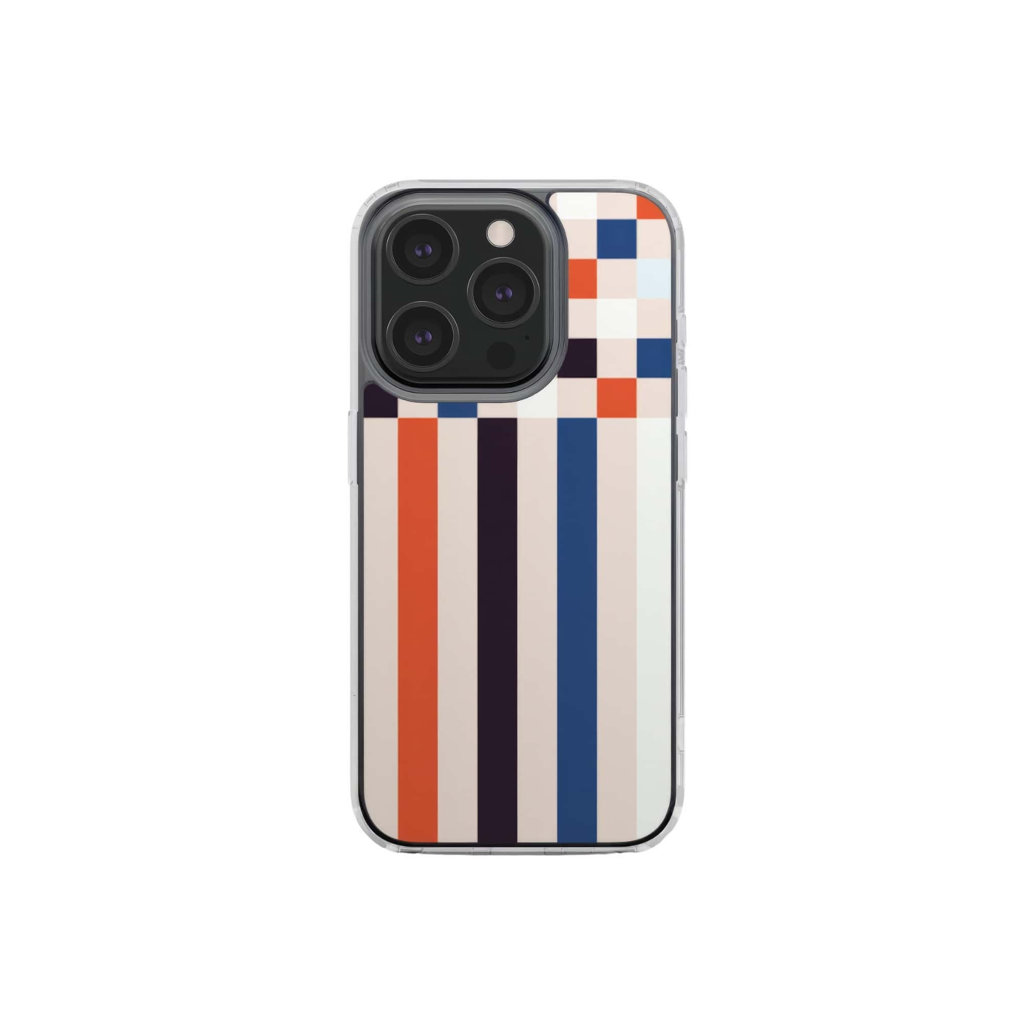 Clear phone case Pixel Grid 4 pattern design with a bold color blocks in pixel and stripes modern style, featuring an elegant and expressive aesthetic design. Main colors are pink, navy, orange red and light sky blue. Front view.