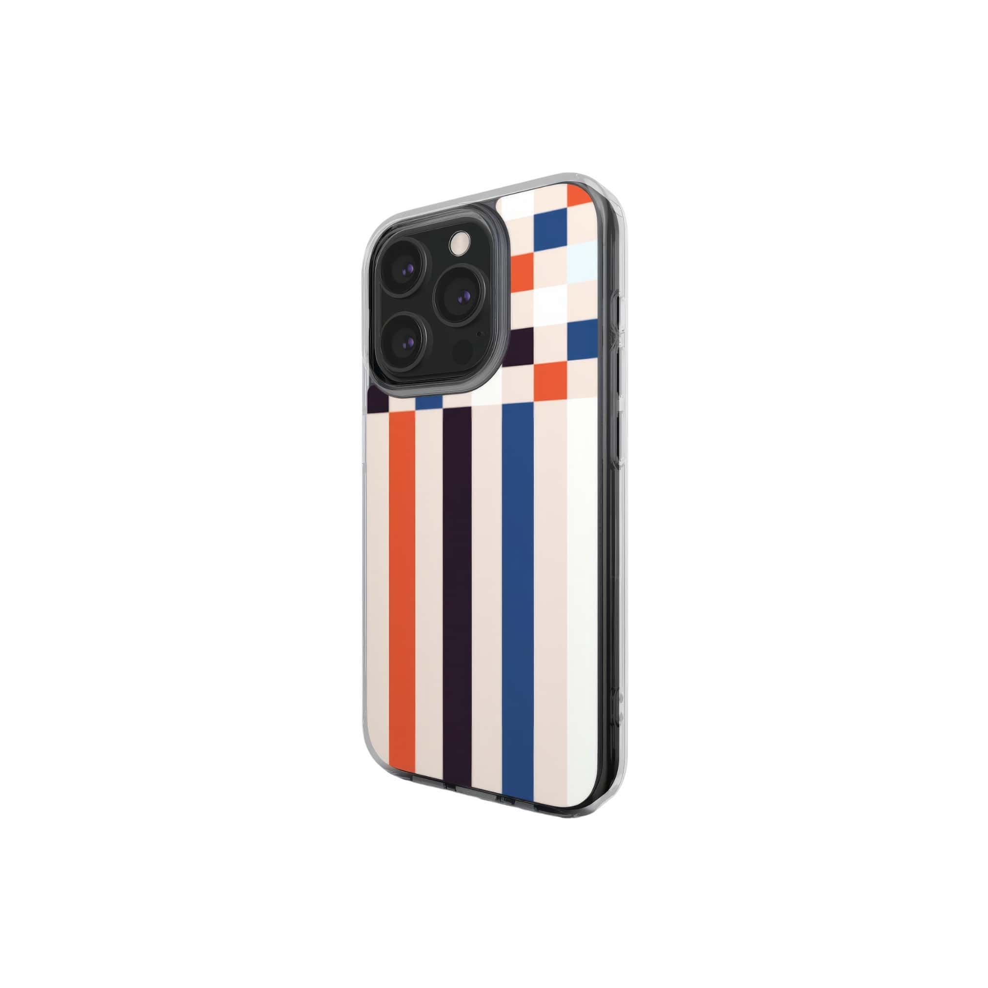 Clear phone case Pixel Grid 4 pattern design with a bold color blocks in pixel and stripes modern style, featuring an elegant and expressive aesthetic design. Main colors are pink, navy, orange red and light sky blue. Side view.