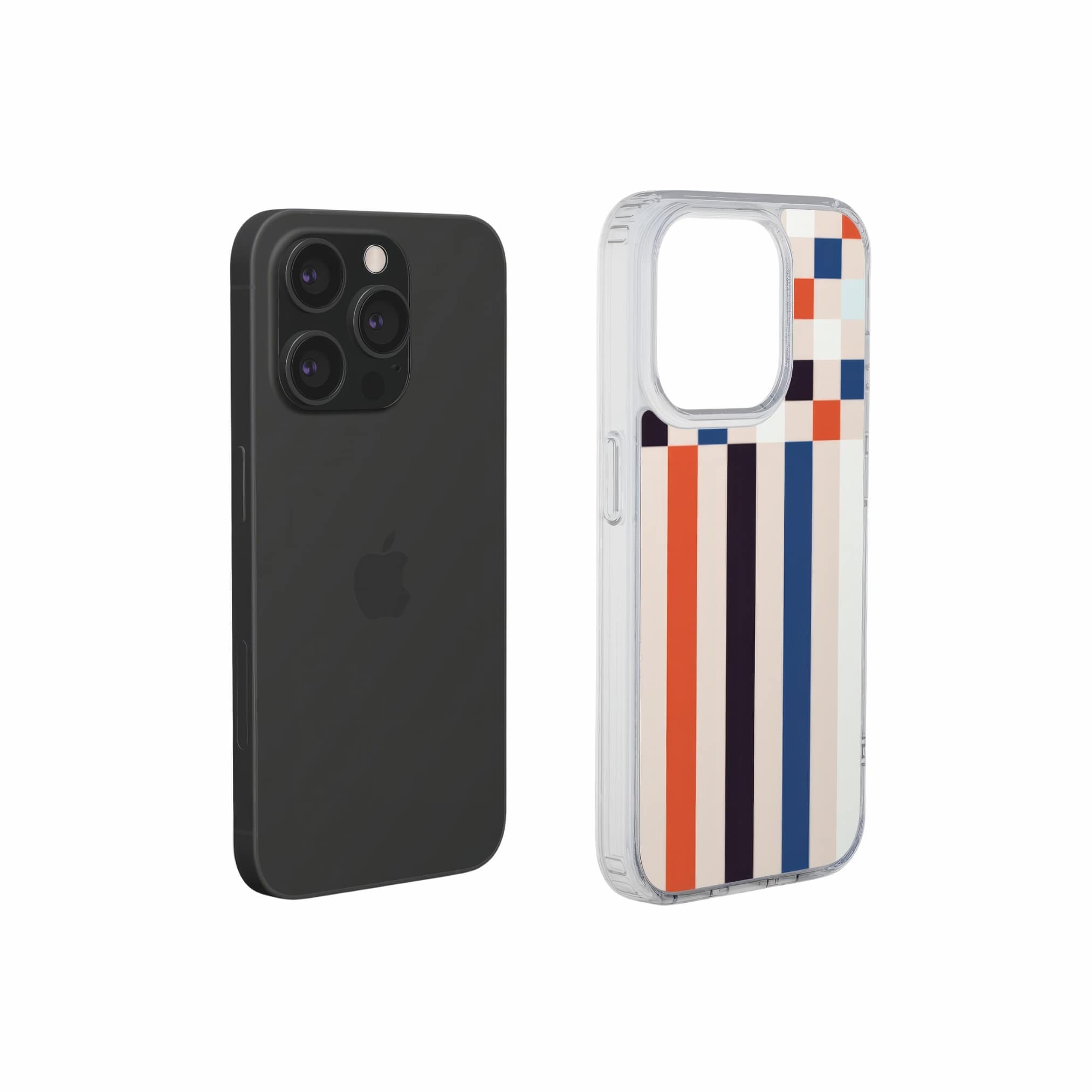 Clear phone case Pixel Grid 4 pattern design with a bold color blocks in pixel and stripes modern style, featuring an elegant and expressive aesthetic design. Main colors are pink, navy, orange red and light sky blue. Extend view.