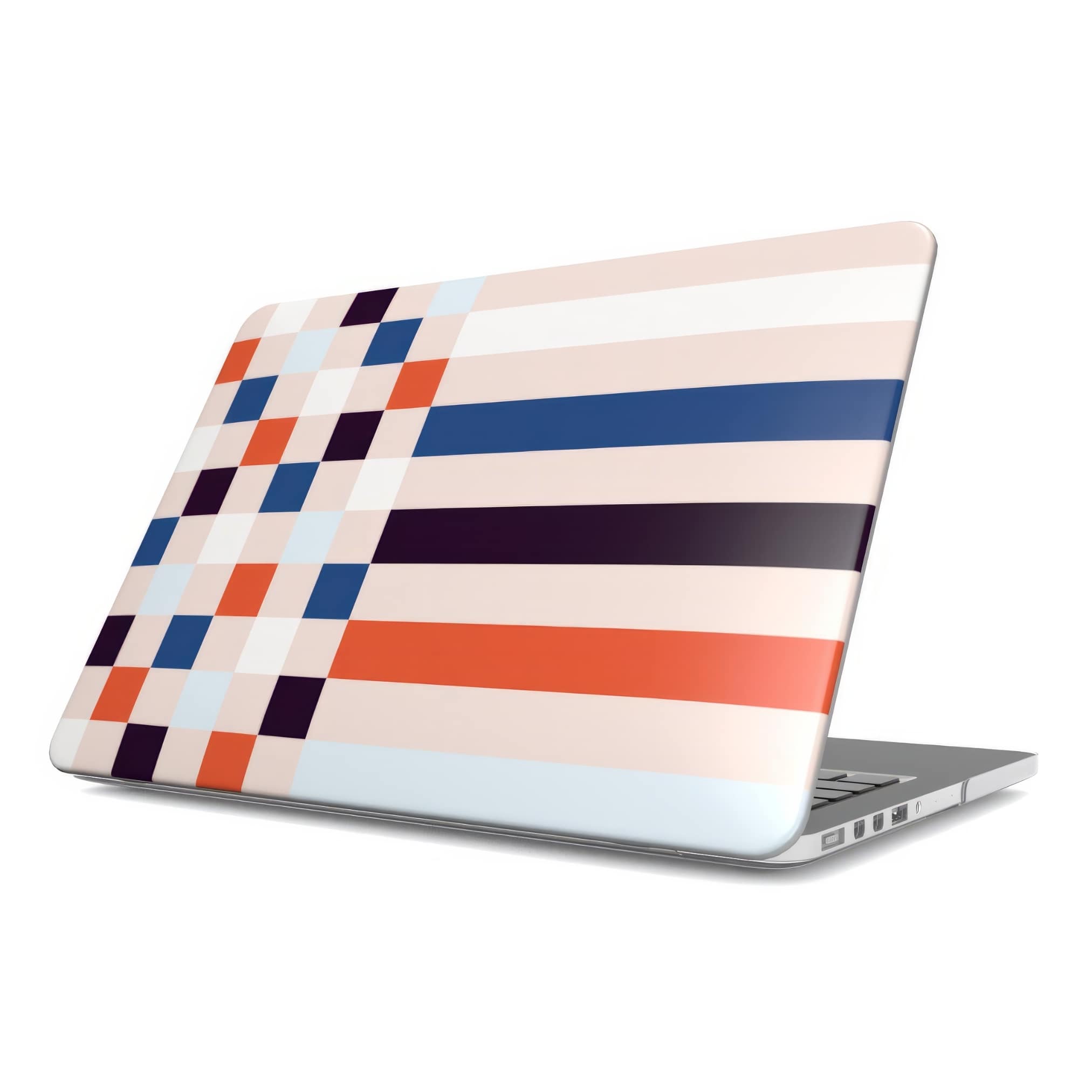 MacBook case Pixel Grid 4 pattern design with a bold color blocks in pixel and stripes modern style, featuring an elegant and expressive aesthetic design. Main colors are pink, navy, orange red and light sky blue. Front view.