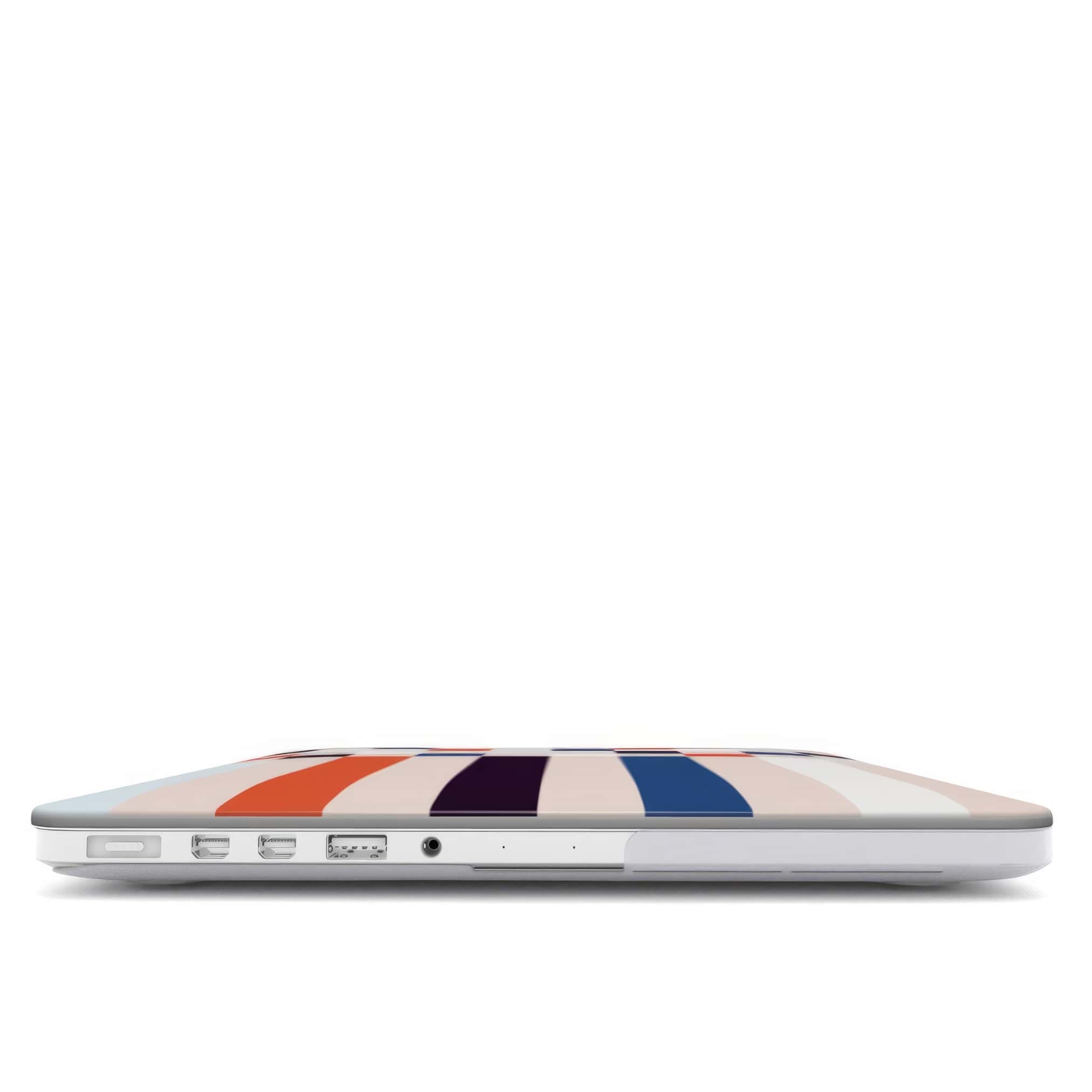 MacBook case Pixel Grid 4 pattern design with a bold color blocks in pixel and stripes modern style, featuring an elegant and expressive aesthetic design. Main colors are pink, navy, orange red and light sky blue. Closed view.