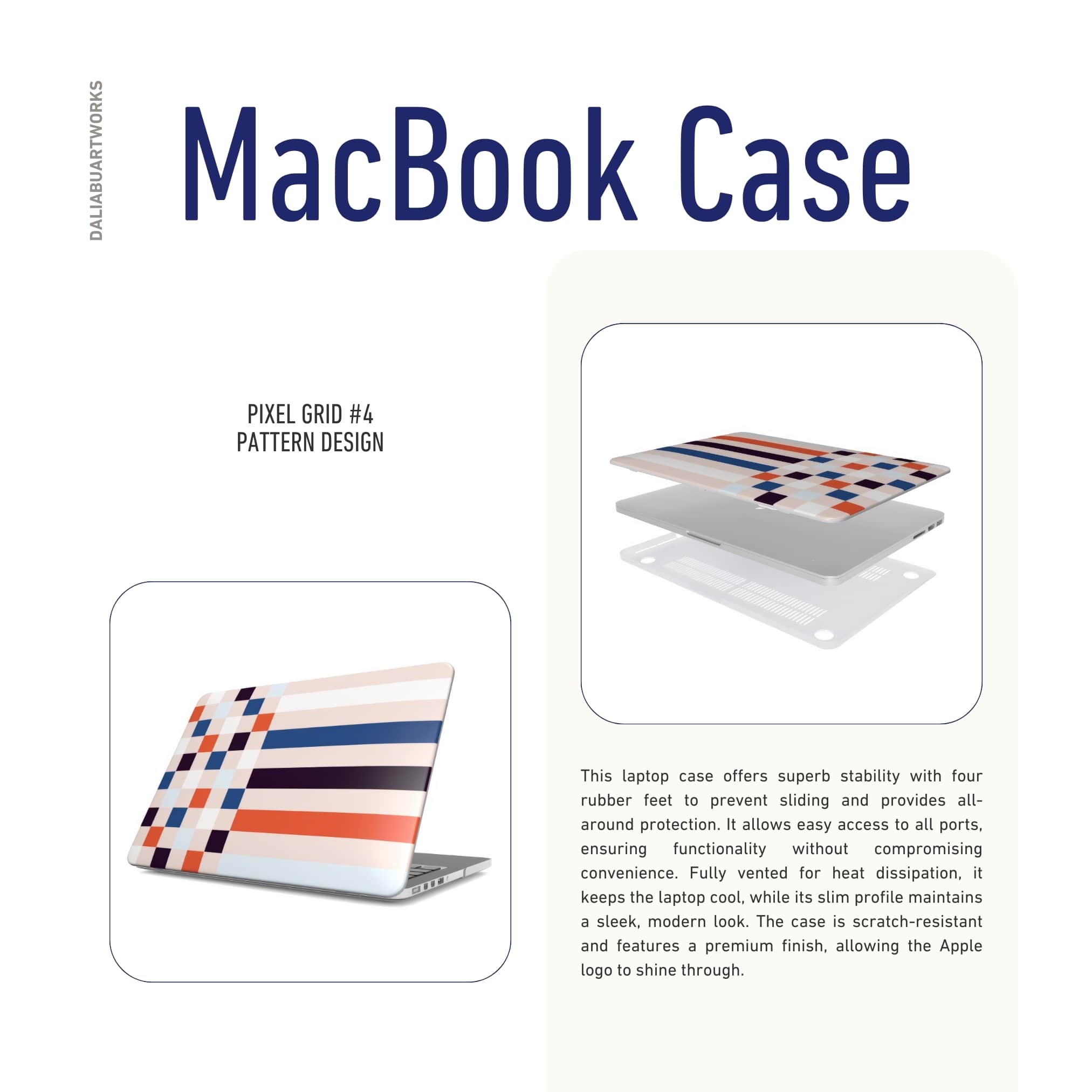 MacBook case Pixel Grid 4 pattern design with a bold color blocks in pixel and stripes modern style, featuring an elegant and expressive aesthetic design. Main colors are pink, navy, orange red and light sky blue. Details about laptop cover ventilation features.