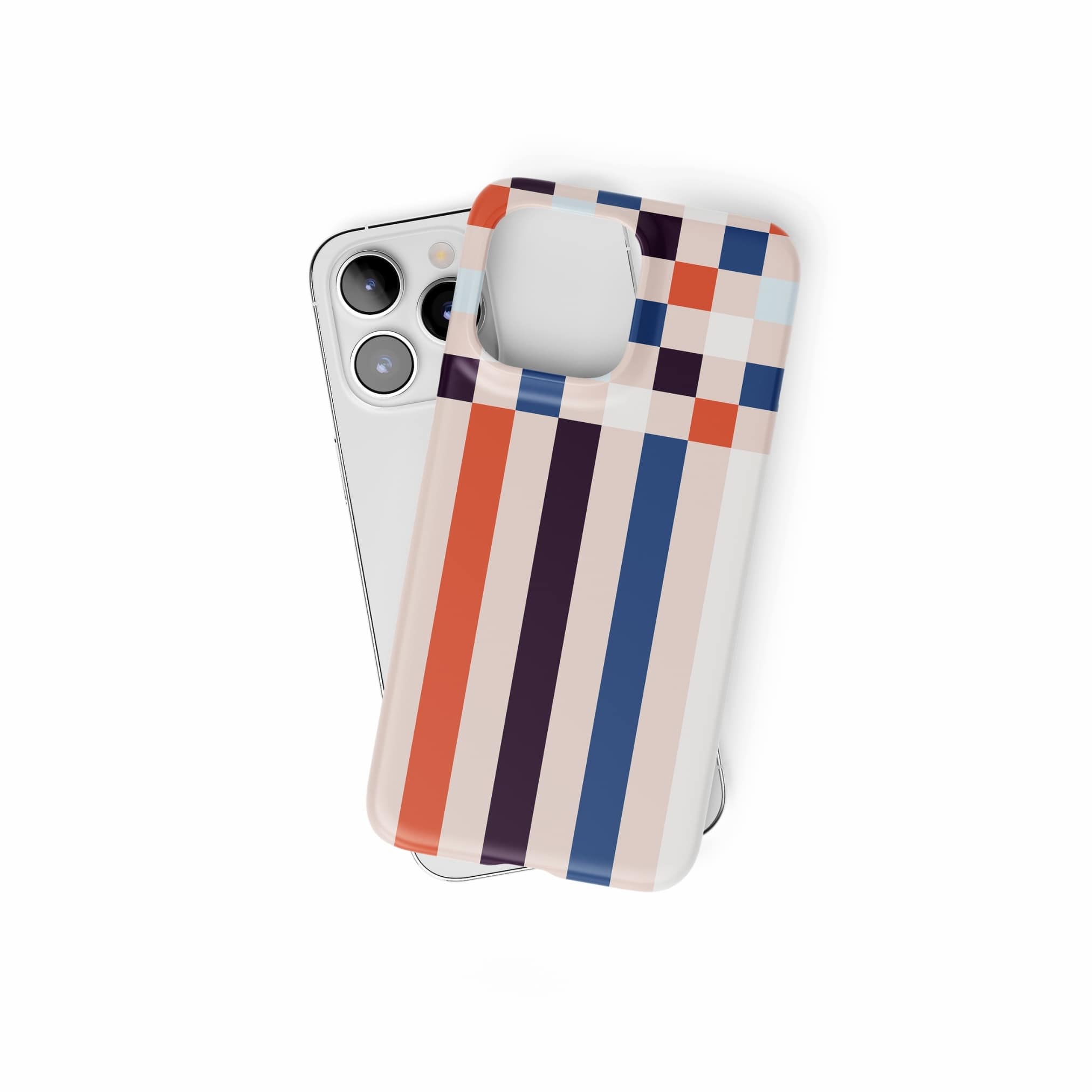 Ultra thin snap phone case Pixel Grid 4 pattern design with a bold color blocks in pixel and stripes modern style, featuring an elegant and expressive aesthetic design. Main colors are pink, navy, orange red and light sky blue. Front view.