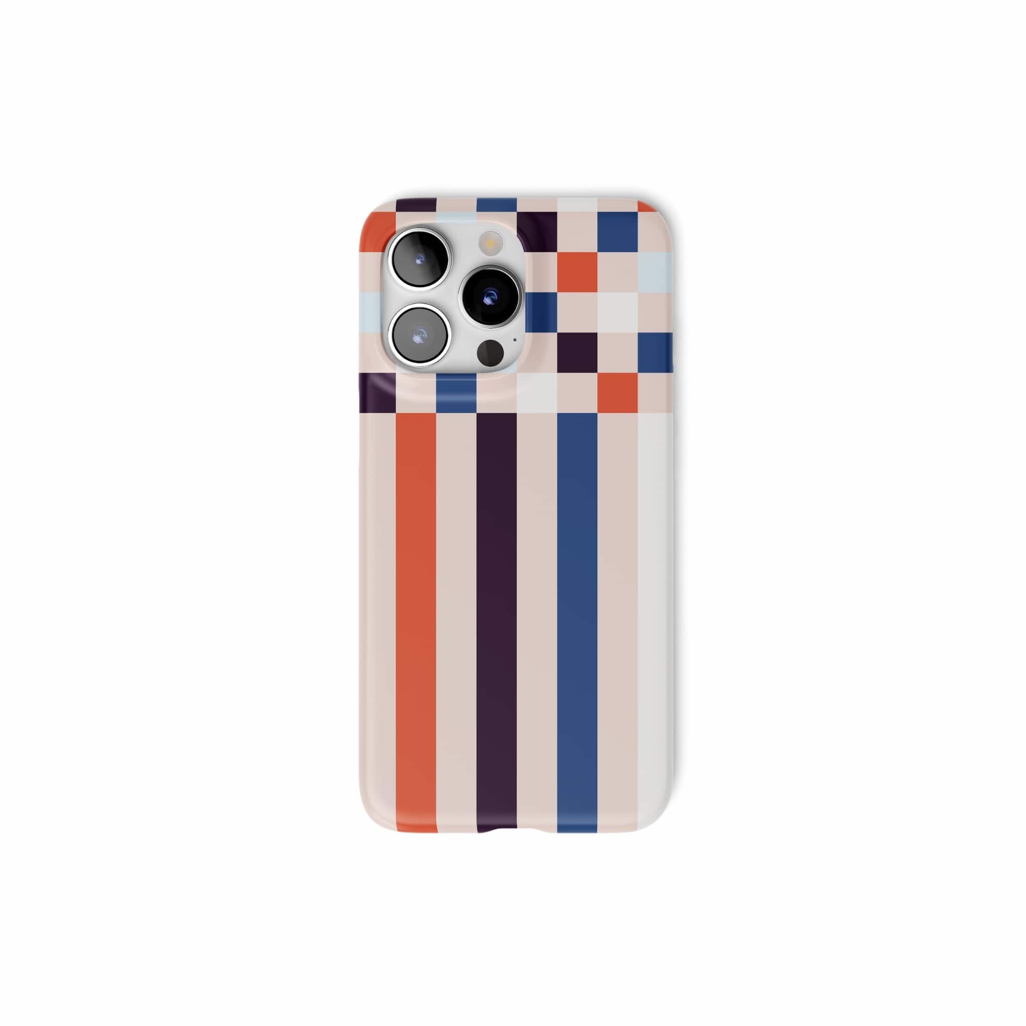 Ultra thin snap phone case Pixel Grid 4 pattern design with a bold color blocks in pixel and stripes modern style, featuring an elegant and expressive aesthetic design. Main colors are pink, navy, orange red and light sky blue. Front view.