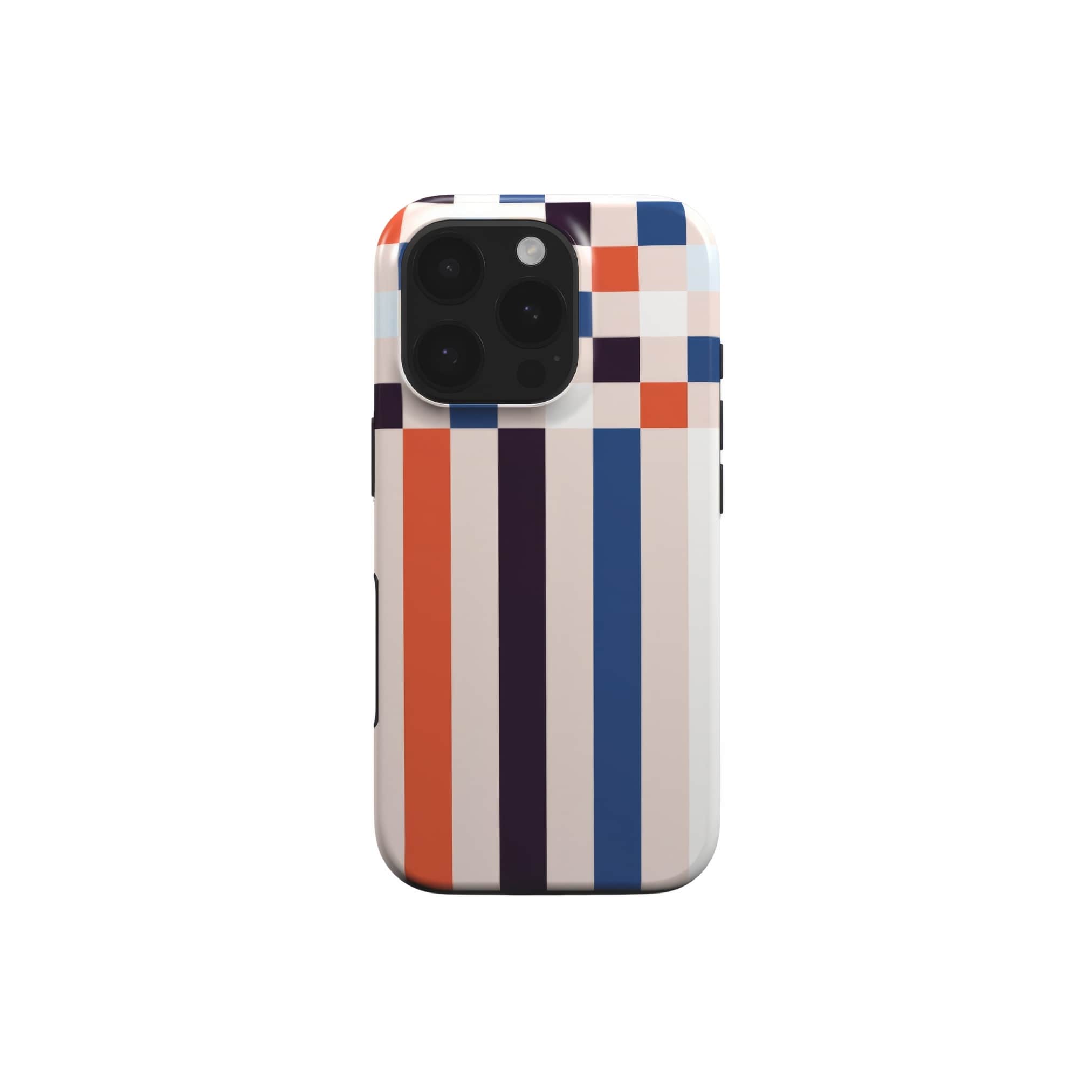 Tough phone case Pixel Grid 4 pattern design with a bold color blocks in pixel and stripes modern style, featuring an elegant and expressive aesthetic design. Main colors are pink, navy, orange red and light sky blue. Front view.