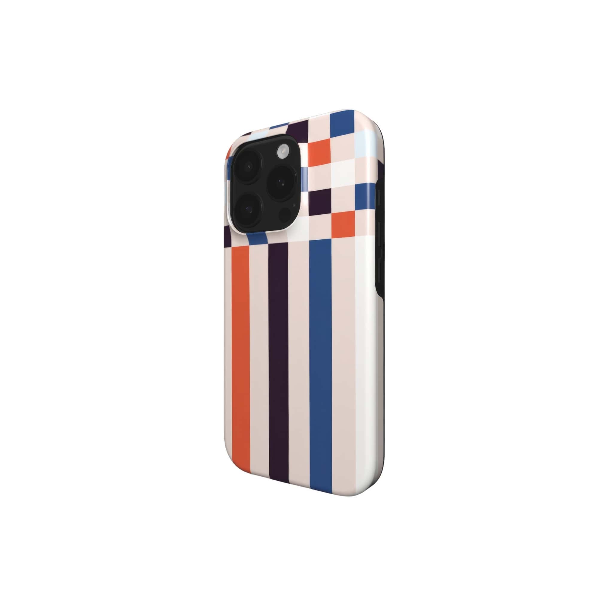 Tough phone case Pixel Grid 4 pattern design with a bold color blocks in pixel and stripes modern style, featuring an elegant and expressive aesthetic design. Main colors are pink, navy, orange red and light sky blue. Side view.