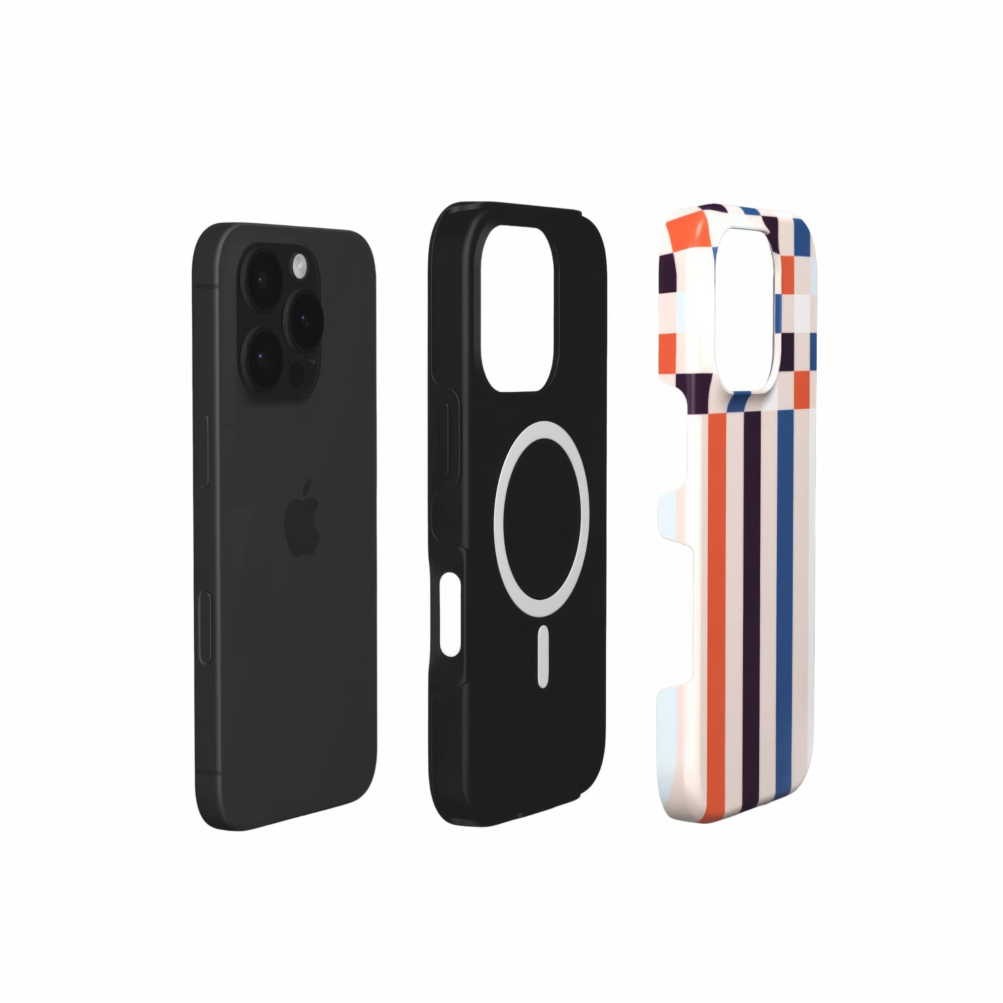 MagSafe tough phone case Pixel Grid 4 pattern design with a bold color blocks in pixel and stripes modern style, featuring an elegant and expressive aesthetic design. Main colors are pink, navy, orange red and light sky blue. Extend view.