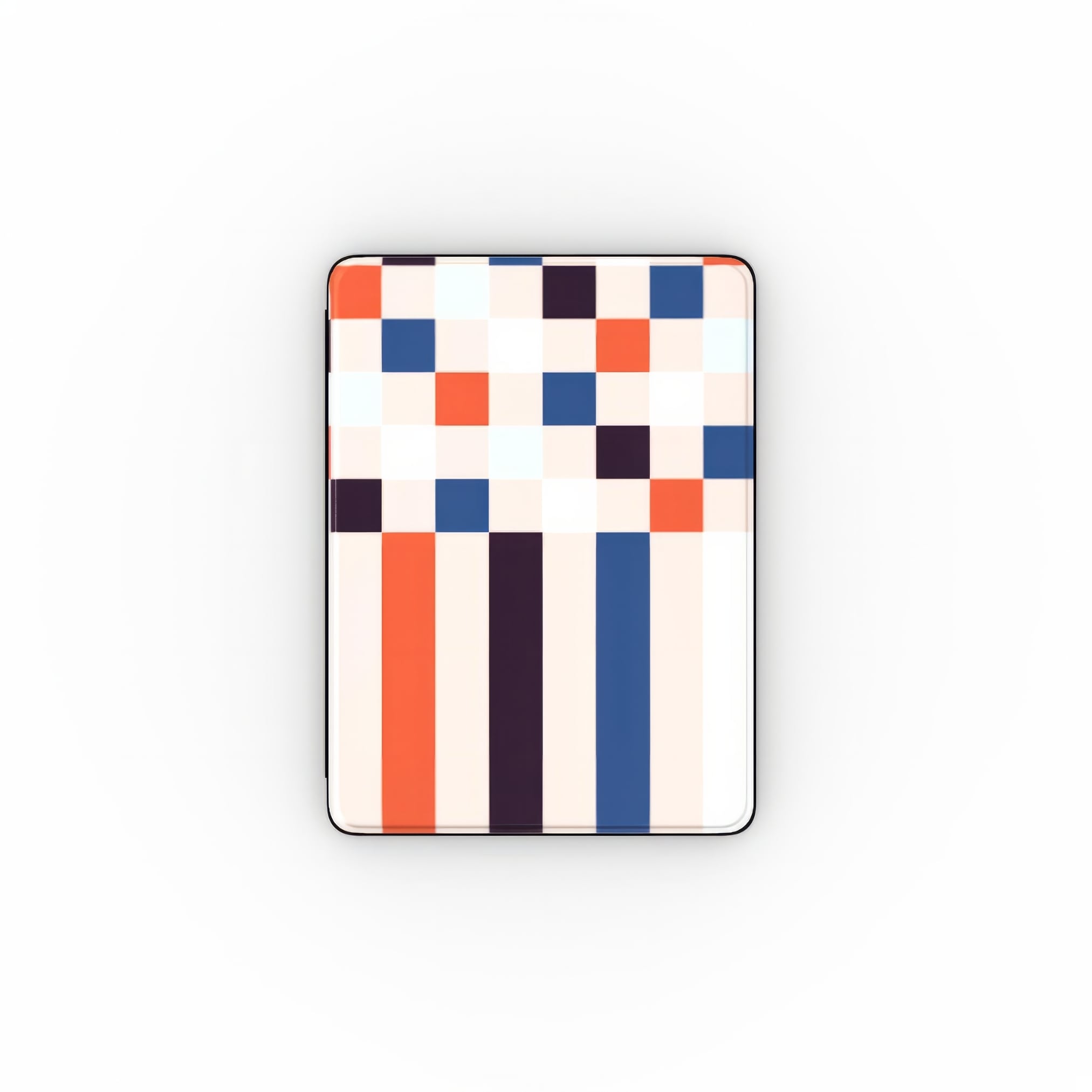 iPad case Pixel Grid 4 pattern design with a bold color blocks in pixel and stripes modern style, featuring an elegant and expressive aesthetic design. Main colors are pink, navy, orange red and light sky blue. Front view.