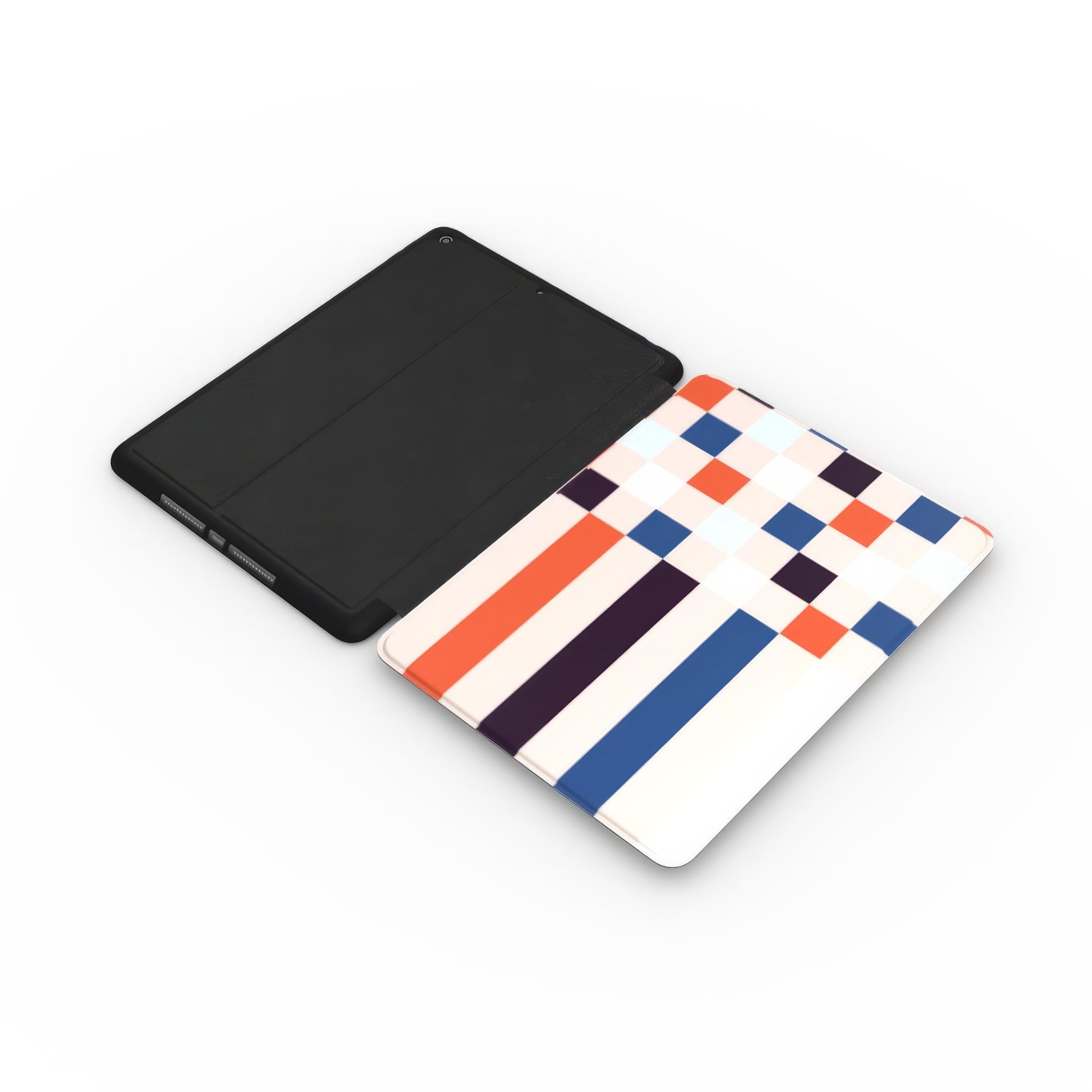 iPad case Pixel Grid 4 pattern design with a bold color blocks in pixel and stripes modern style, featuring an elegant and expressive aesthetic design. Main colors are pink, navy, orange red and light sky blue. Side view.