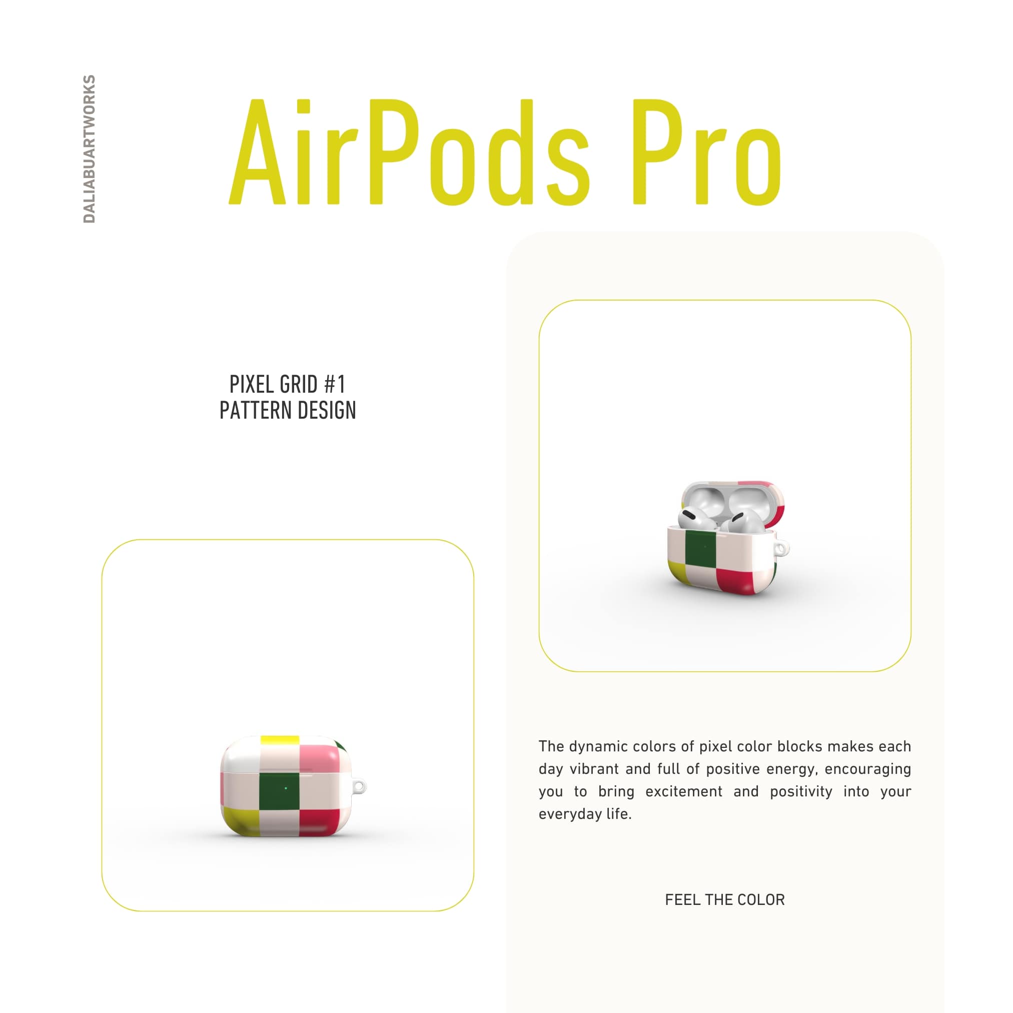 Apple AirPods Pro tough case Pixel Grid 1 pattern design with a bold color blocks in pixel and stripes modern style, featuring an elegant and expressive aesthetic design. Main colors are rich red, pink yellow and green. Front view.