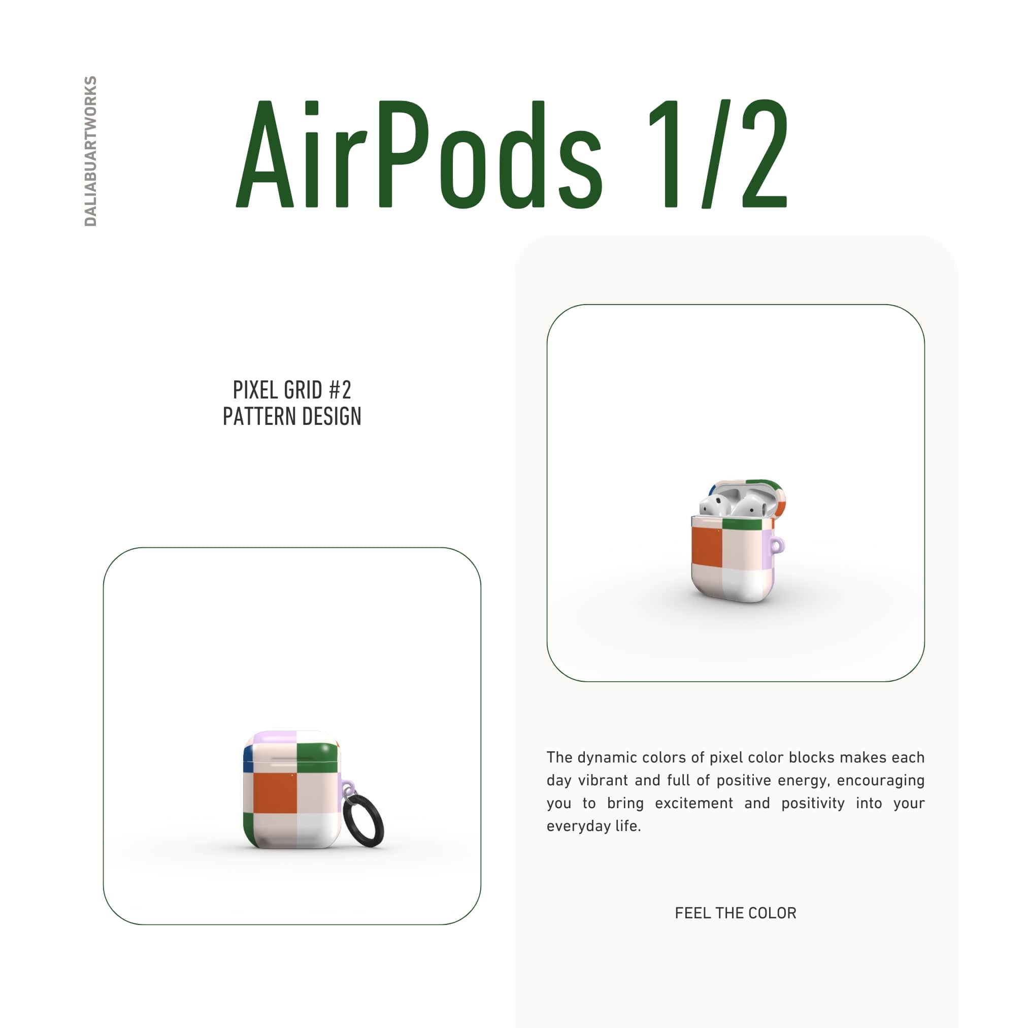 AirPods 1 and 2 case Pixel Grid 2 pattern design with a bold color blocks in pixel and stripes modern style, featuring an elegant and expressive aesthetic design. Main colors are rich orange, blue, lilac and green. Front view.