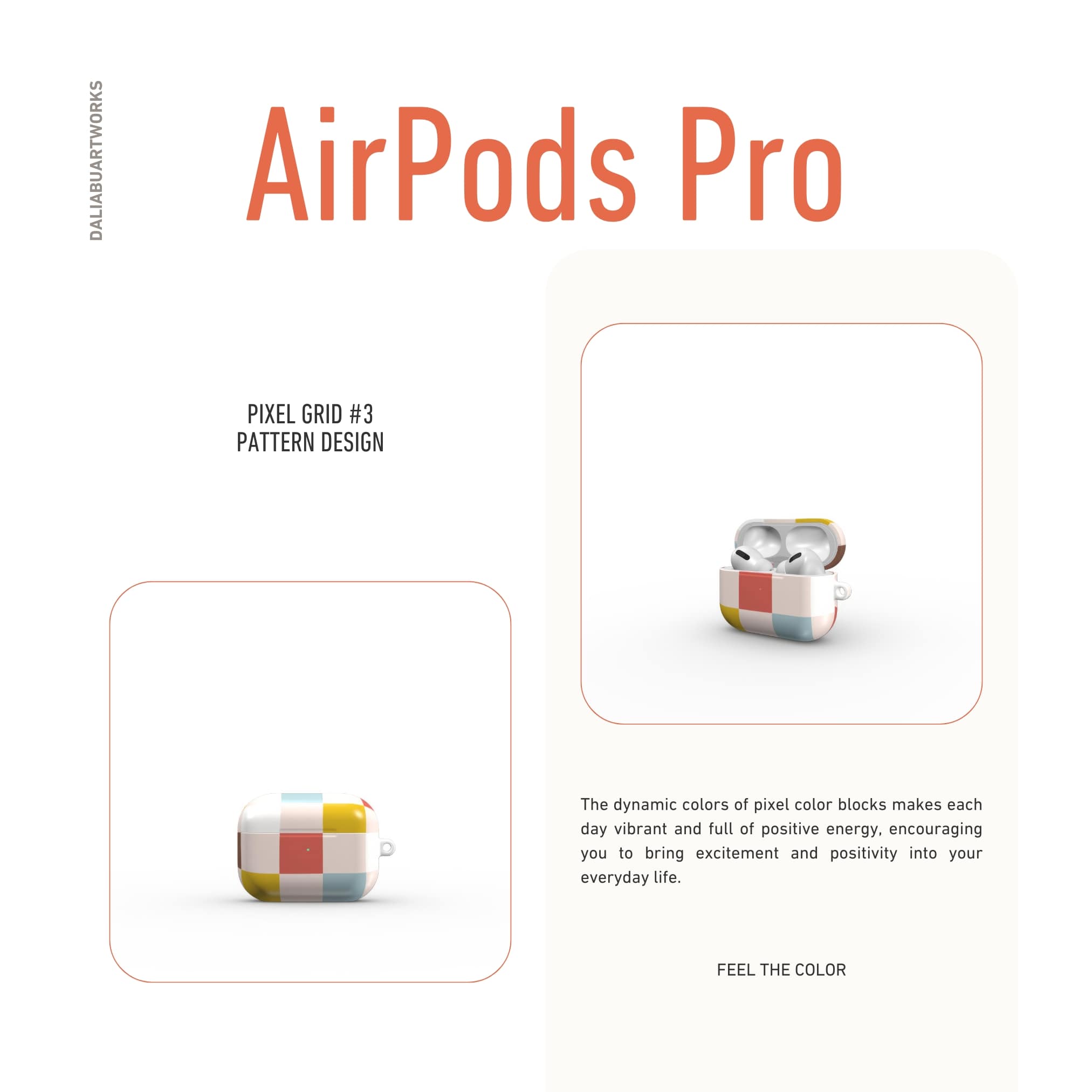 AirPods Pro tough case Pixel Grid 3 pattern design with a bold color blocks in pixel and stripes modern style, featuring an elegant and expressive aesthetic design. Main colors are pastel with pink, brown, muted red and light sky blue. Front view.