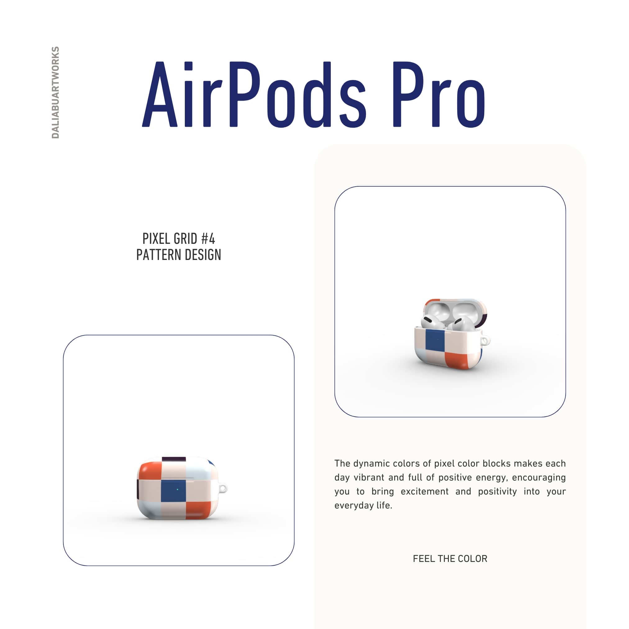 AirPods Pro ultra thin hard shell tough case Pixel Grid 4 pattern design with a bold color blocks in pixel and stripes modern style, featuring an elegant and expressive aesthetic design. Main colors are pink, navy, orange red and light sky blue. Front view.