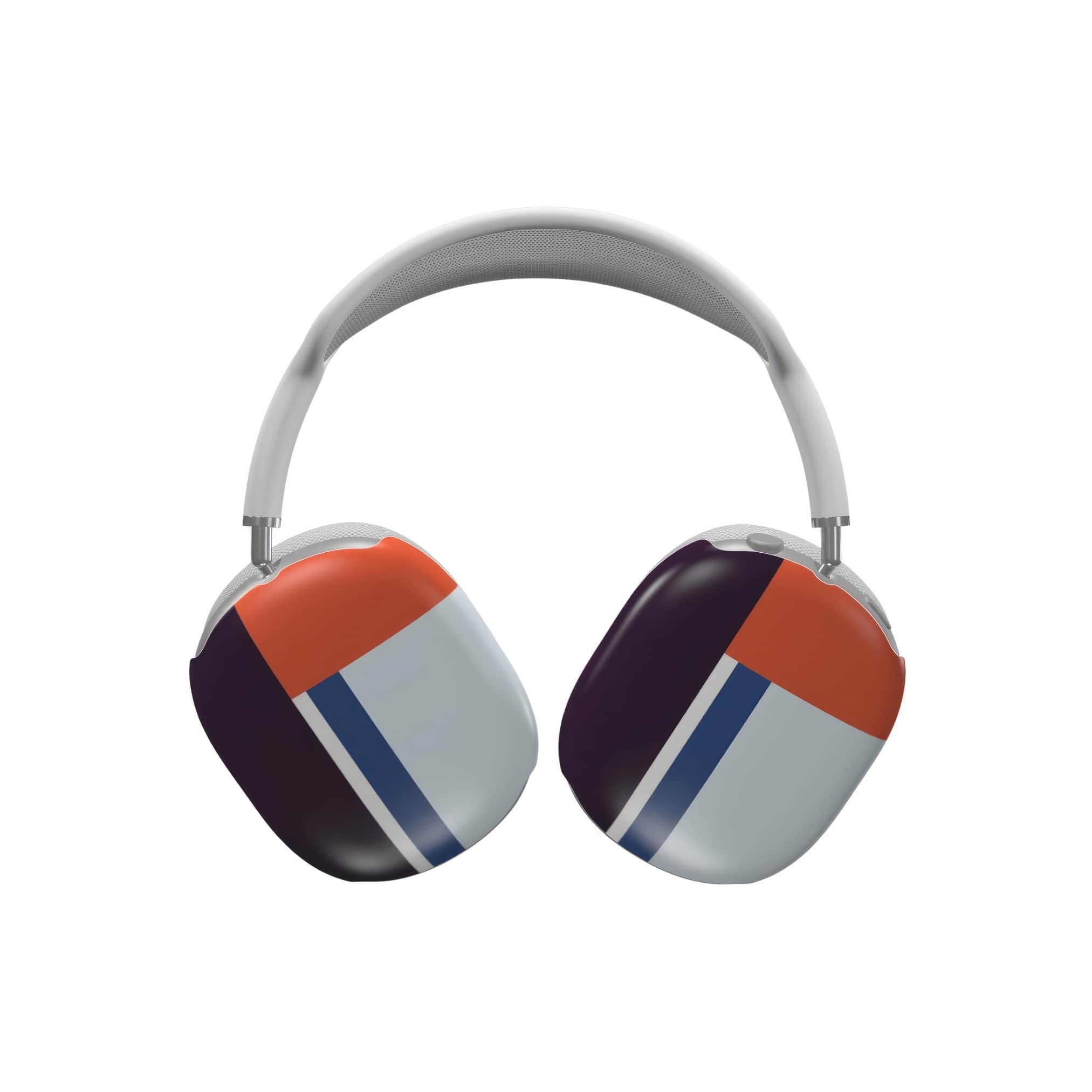 AirPods Max tough case Retro Stripes 1 pattern design with a bold color blocks in vintage, mid century modern style, featuring an elegant and expressive aesthetic design. Main colors are deep purple, navy, light blue and orange red. Front view.