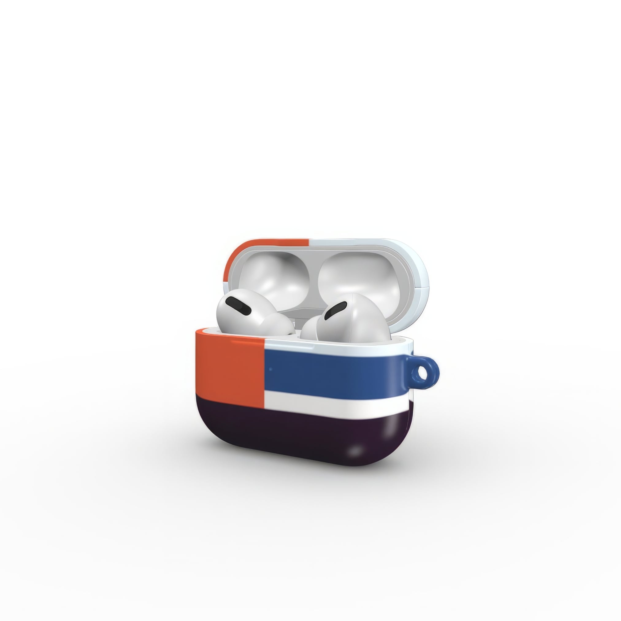 Apple AirPods Pro tough case Retro Stripes 1 pattern design with a bold color blocks in vintage, mid century modern style, featuring an elegant and expressive aesthetic design. Main colors are deep purple, navy, light blue and orange red. Open side view.