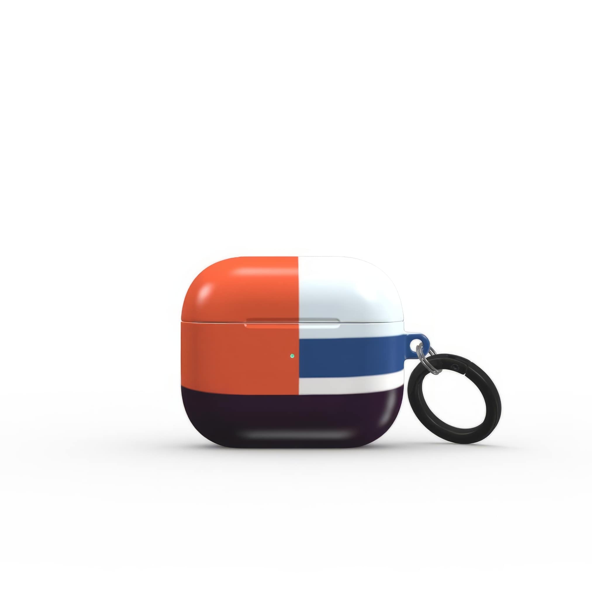 Apple AirPods tough case Retro Stripes 1 pattern design with a bold color blocks in vintage, mid century modern style, featuring an elegant and expressive aesthetic design. Main colors are deep purple, navy, light blue and orange red. Front view.