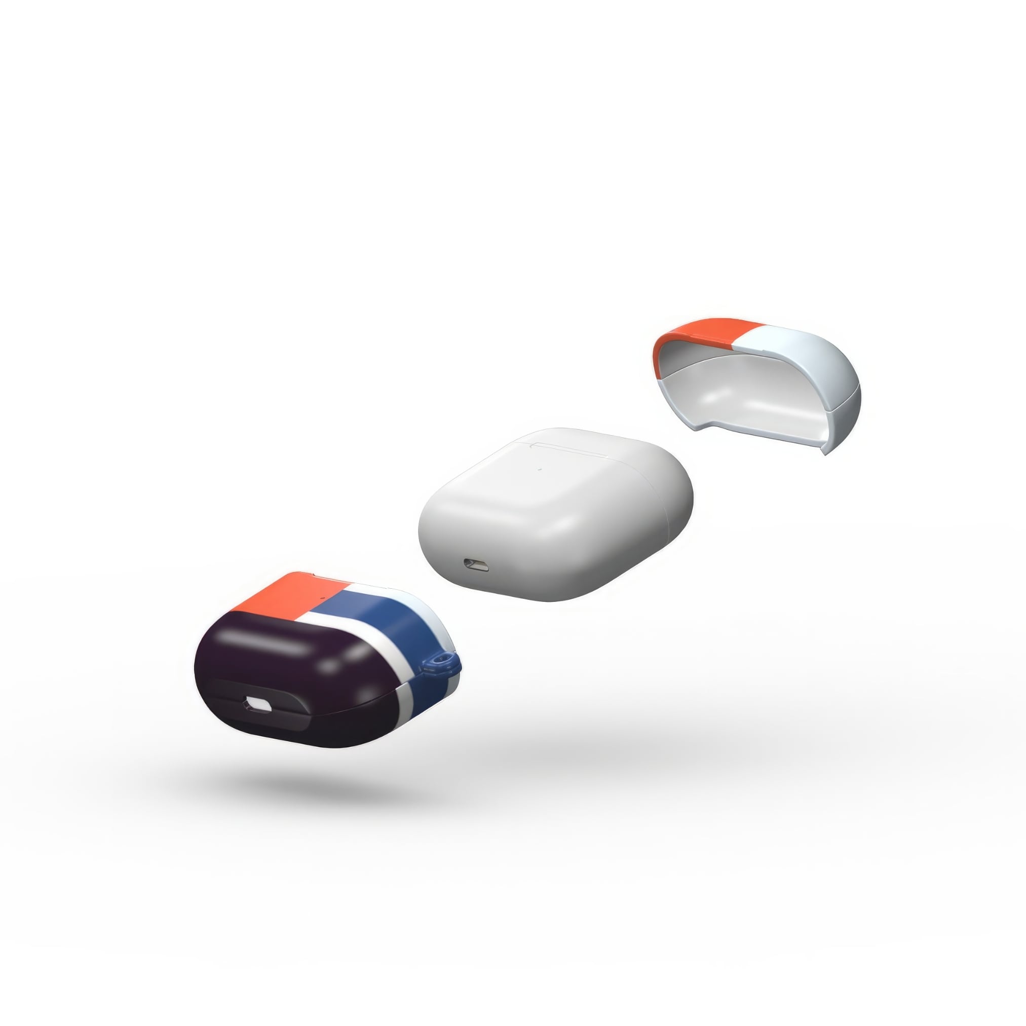 Apple AirPods 3 tough case Retro Stripes 1 pattern design with a bold color blocks in vintage, mid century modern style, featuring an elegant and expressive aesthetic design. Main colors are deep purple, navy, light blue and orange red. Extend view.