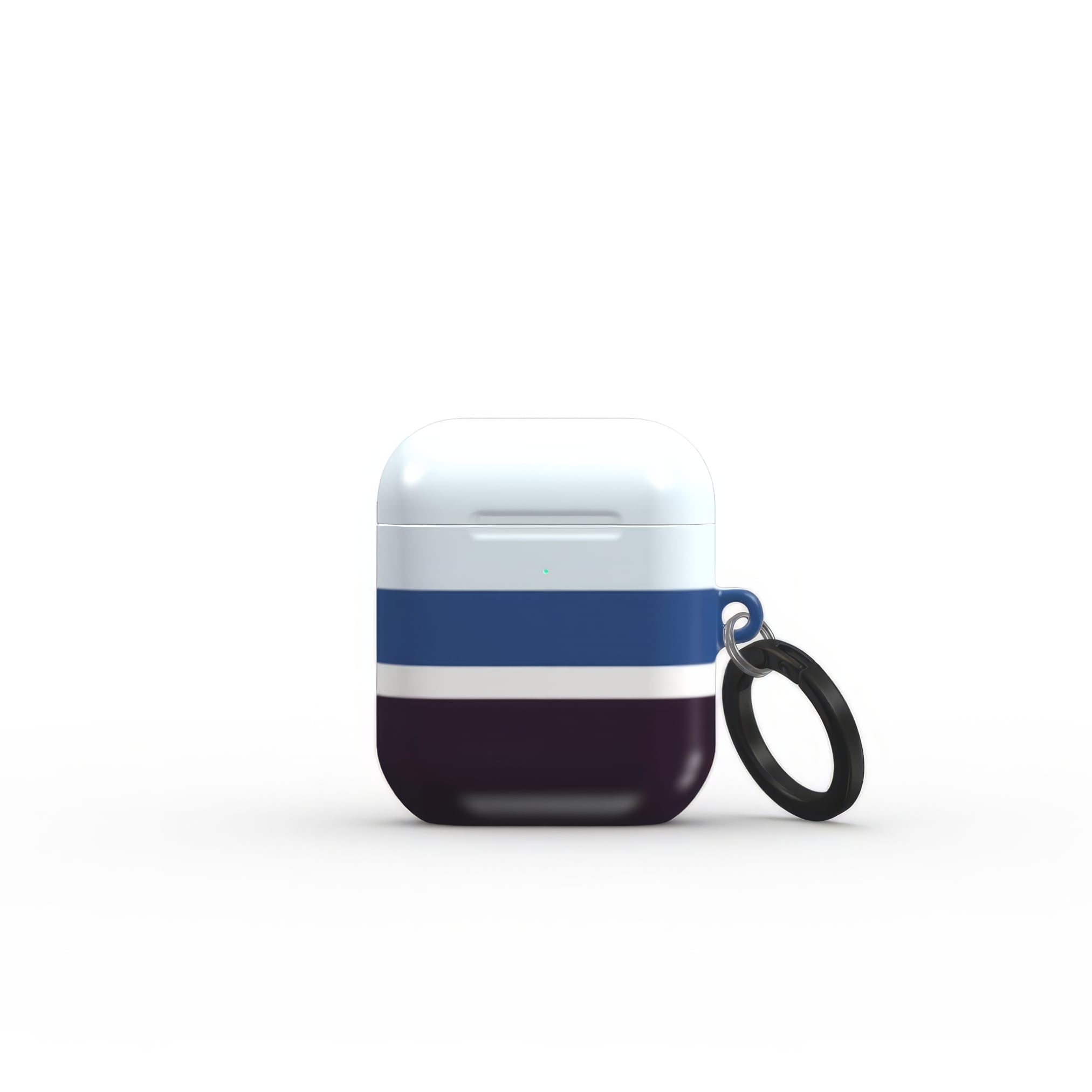 Apple AirPods 1 and 2 tough case Retro Stripes 1 pattern design with a bold color blocks in vintage, mid century modern style, featuring an elegant and expressive aesthetic design. Main colors are deep purple, navy, light blue and orange red. Front view.