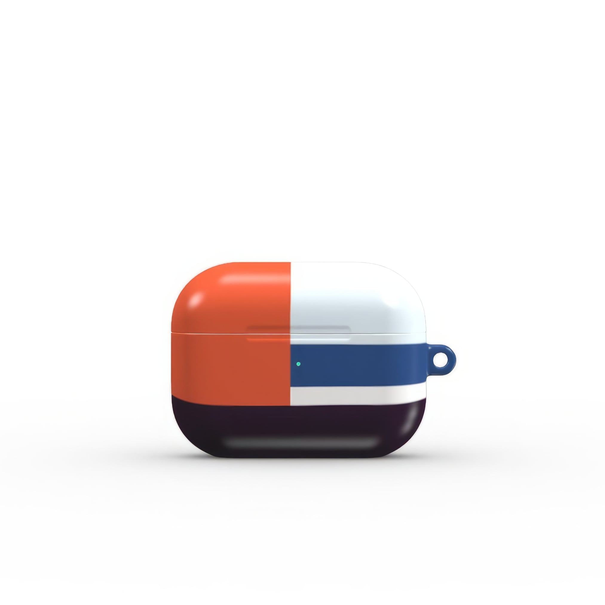 Apple AirPods Pro tough case Retro Stripes 1 pattern design with a bold color blocks in vintage, mid century modern style, featuring an elegant and expressive aesthetic design. Main colors are deep purple, navy, light blue and orange red. Front view.