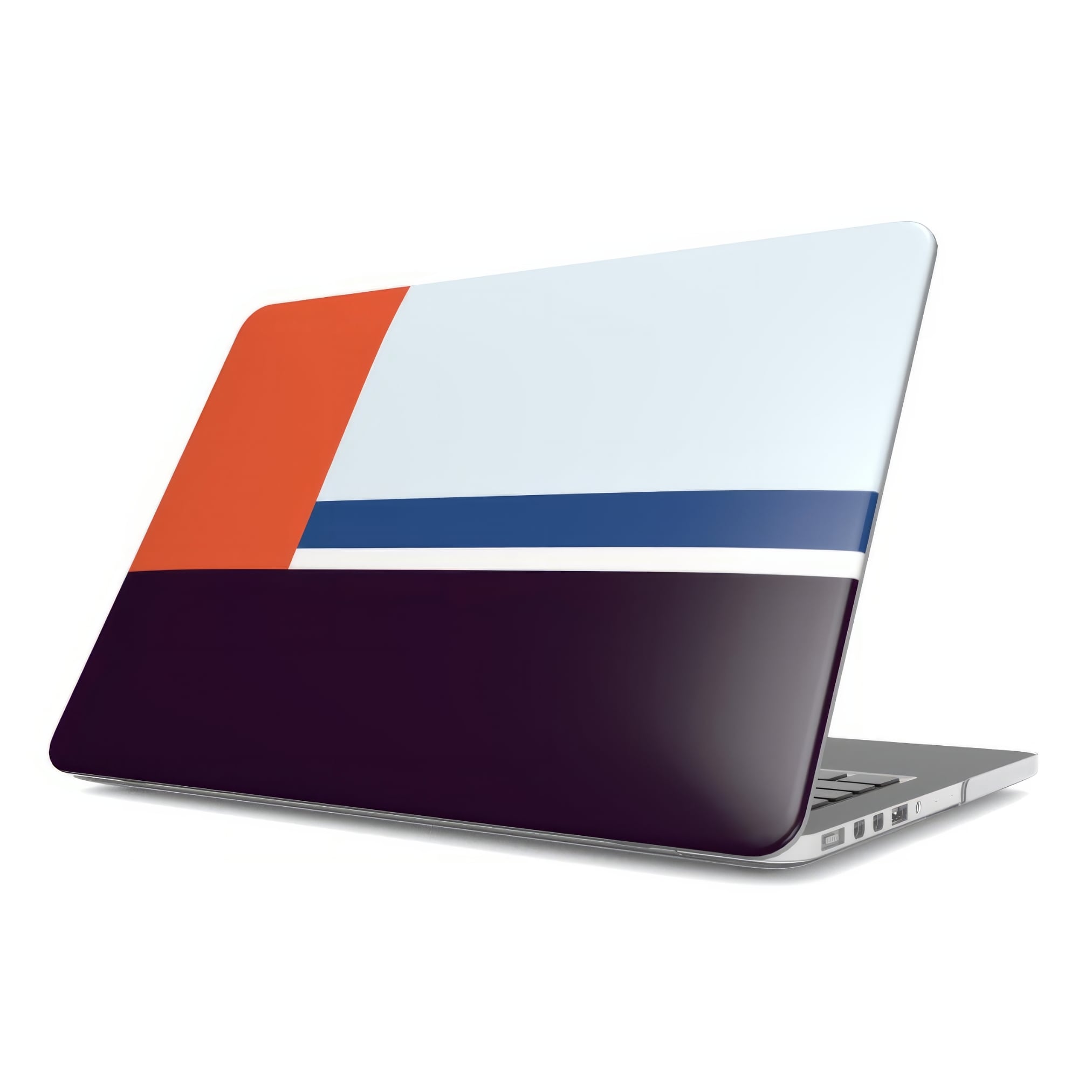 MacBook case Retro Stripes 1 pattern design with a bold color blocks in vintage, mid century modern style, featuring an elegant and expressive aesthetic design. Main colors are deep purple, navy, light blue and orange red. Side front view.