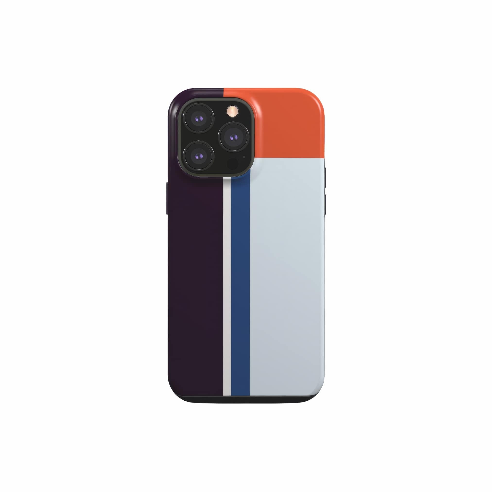 Tough phone case Retro Stripes 1 pattern design with a bold color blocks in vintage, mid century modern style, featuring an elegant and expressive aesthetic design. Main colors are deep purple, navy, light blue and orange red. Front view.