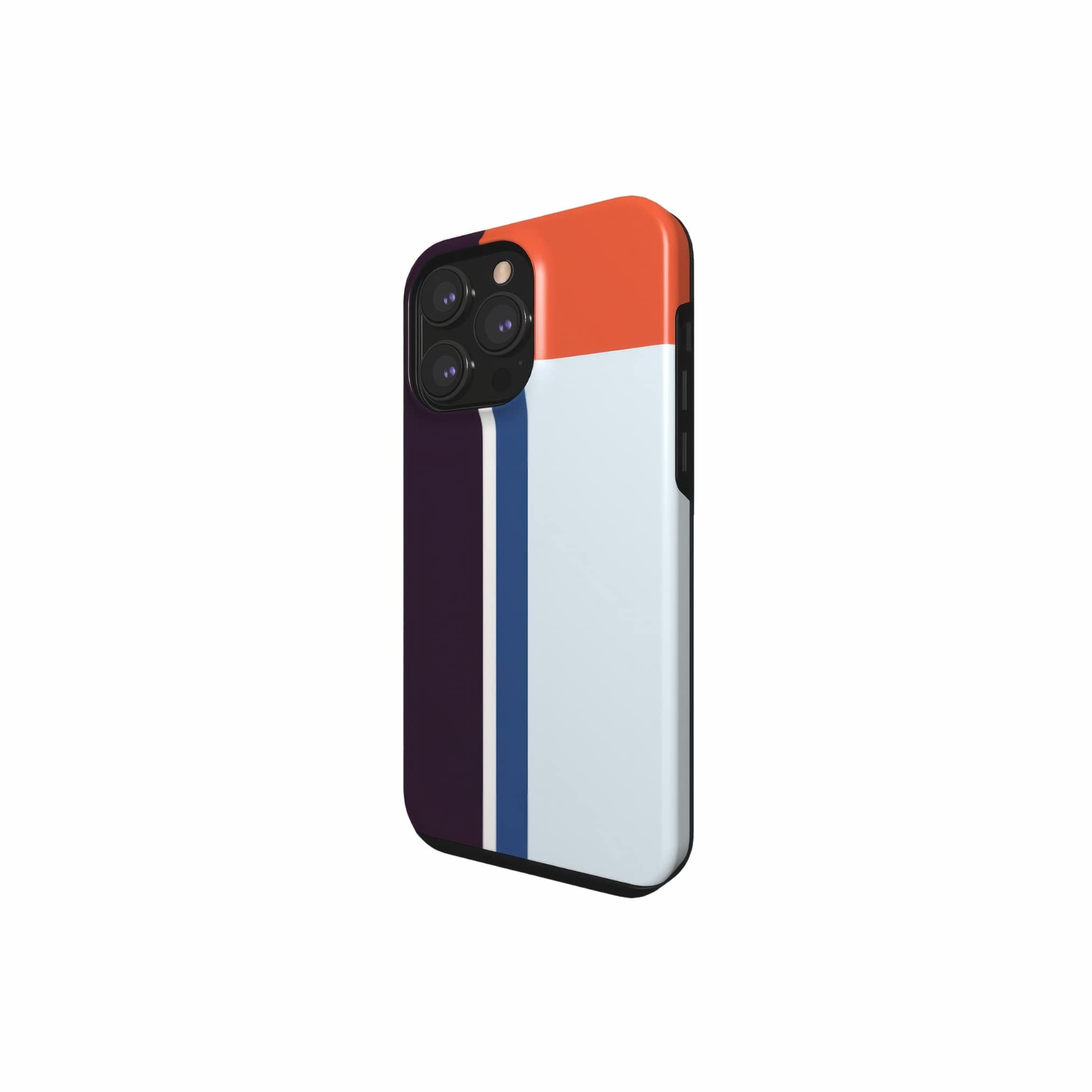 Tough phone case Retro Stripes 1 pattern design with a bold color blocks in vintage, mid century modern style, featuring an elegant and expressive aesthetic design. Main colors are deep purple, navy, light blue and orange red. Side view.