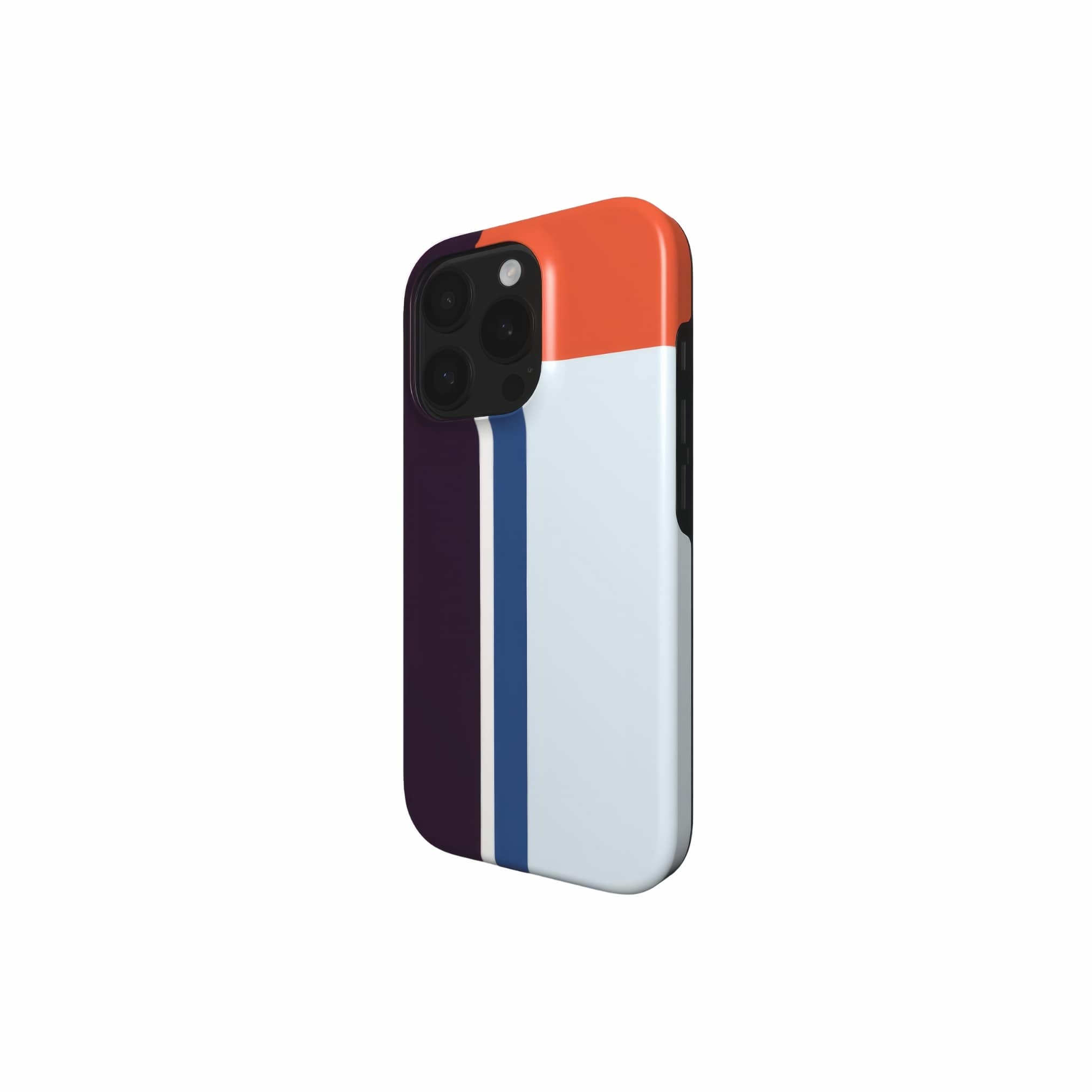 MagSafe tough phone durable case Retro Stripes 1 pattern design with a bold color blocks in vintage, mid century modern style, featuring an elegant and expressive aesthetic design. Main colors are deep purple, navy, light blue and orange red. Side view.