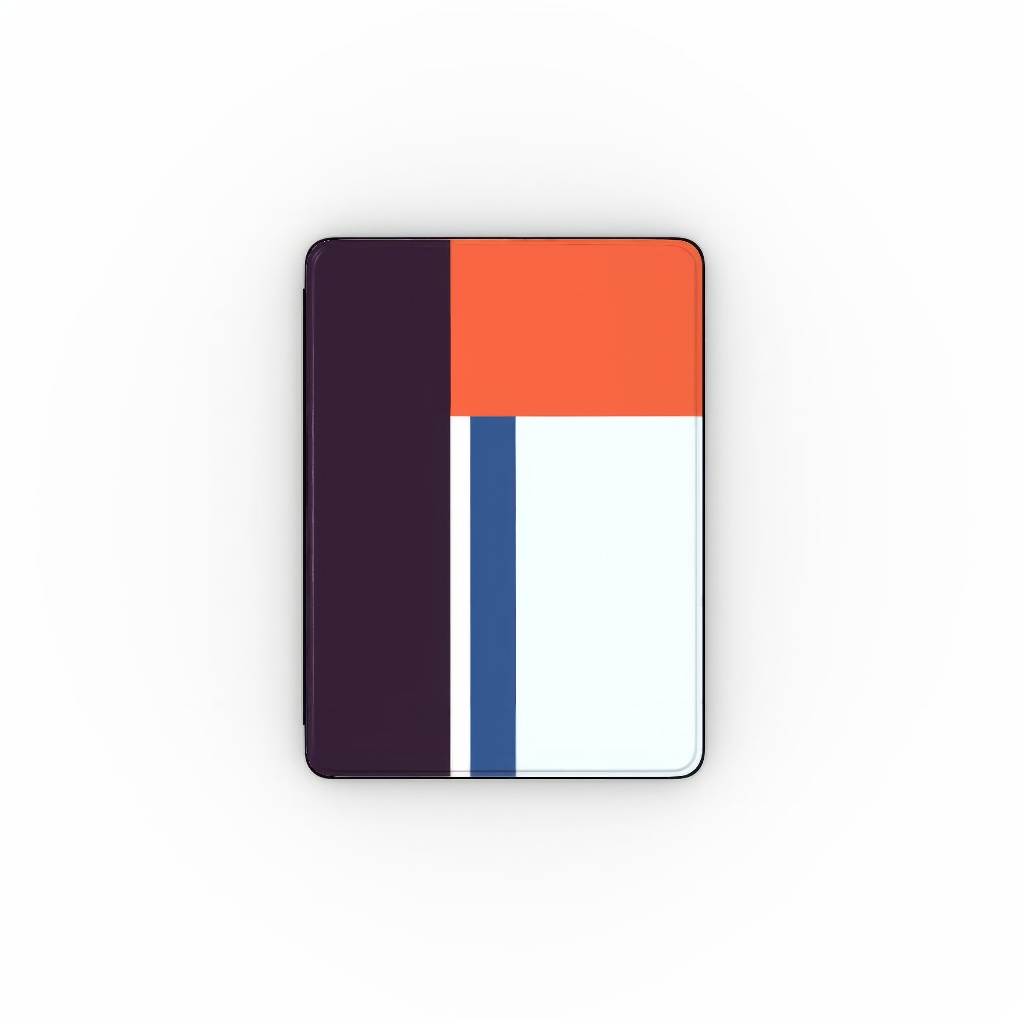 iPad case Retro Stripes 1 pattern design with a bold color blocks in vintage, mid century modern style, featuring an elegant and expressive aesthetic design. Main colors are deep purple, navy, light blue and orange red. Front view.