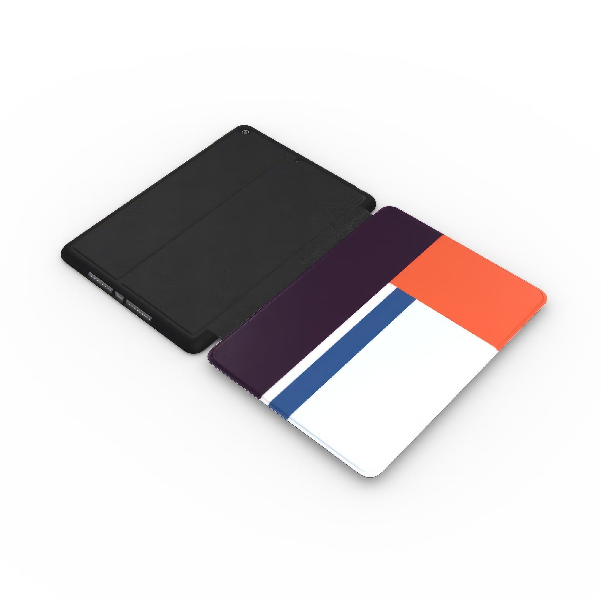 iPad case Retro Stripes 1 pattern design with a bold color blocks in vintage, mid century modern style, featuring an elegant and expressive aesthetic design. Main colors are deep purple, navy, light blue and orange red. Extend side view.