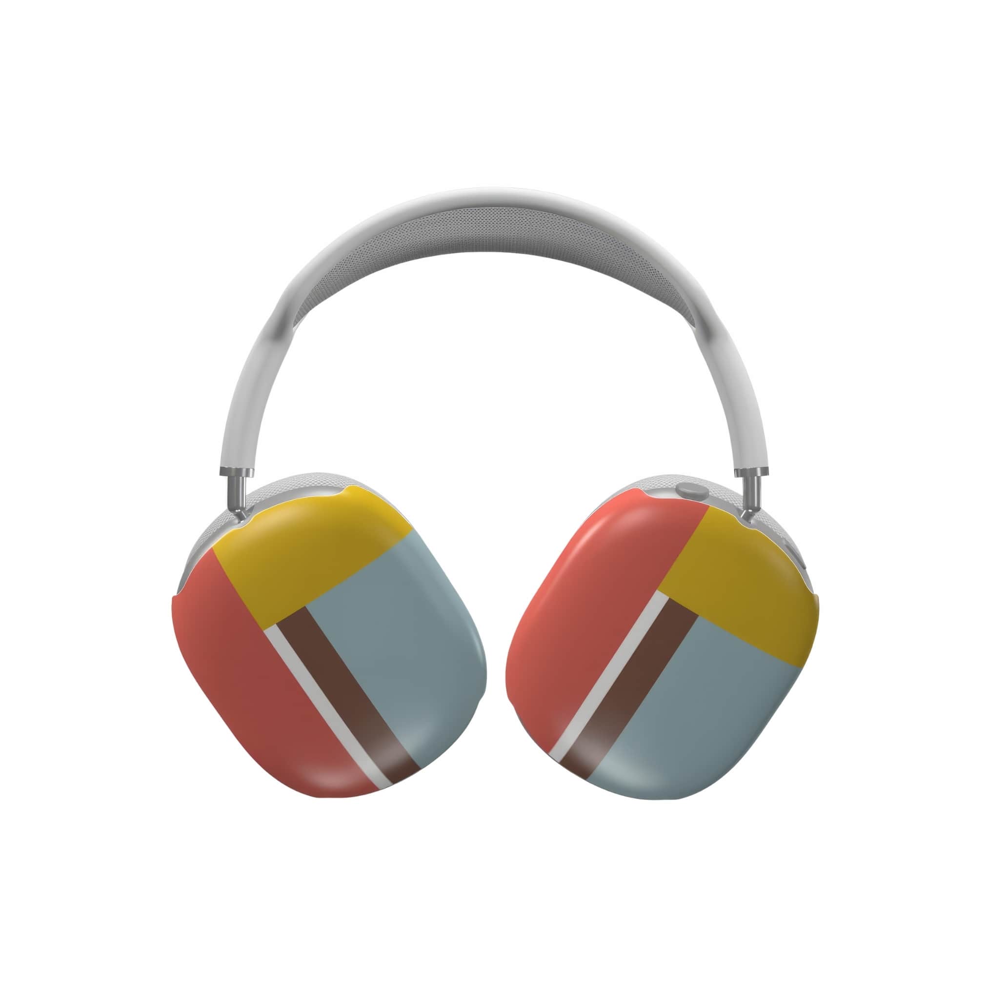 AirPods Max tough case Retro Stripes 2 pattern design with a bold color blocks in vintage, mid century modern style, featuring an elegant and expressive aesthetic design. Main colors are yellow, muted red and light blue. Front view.