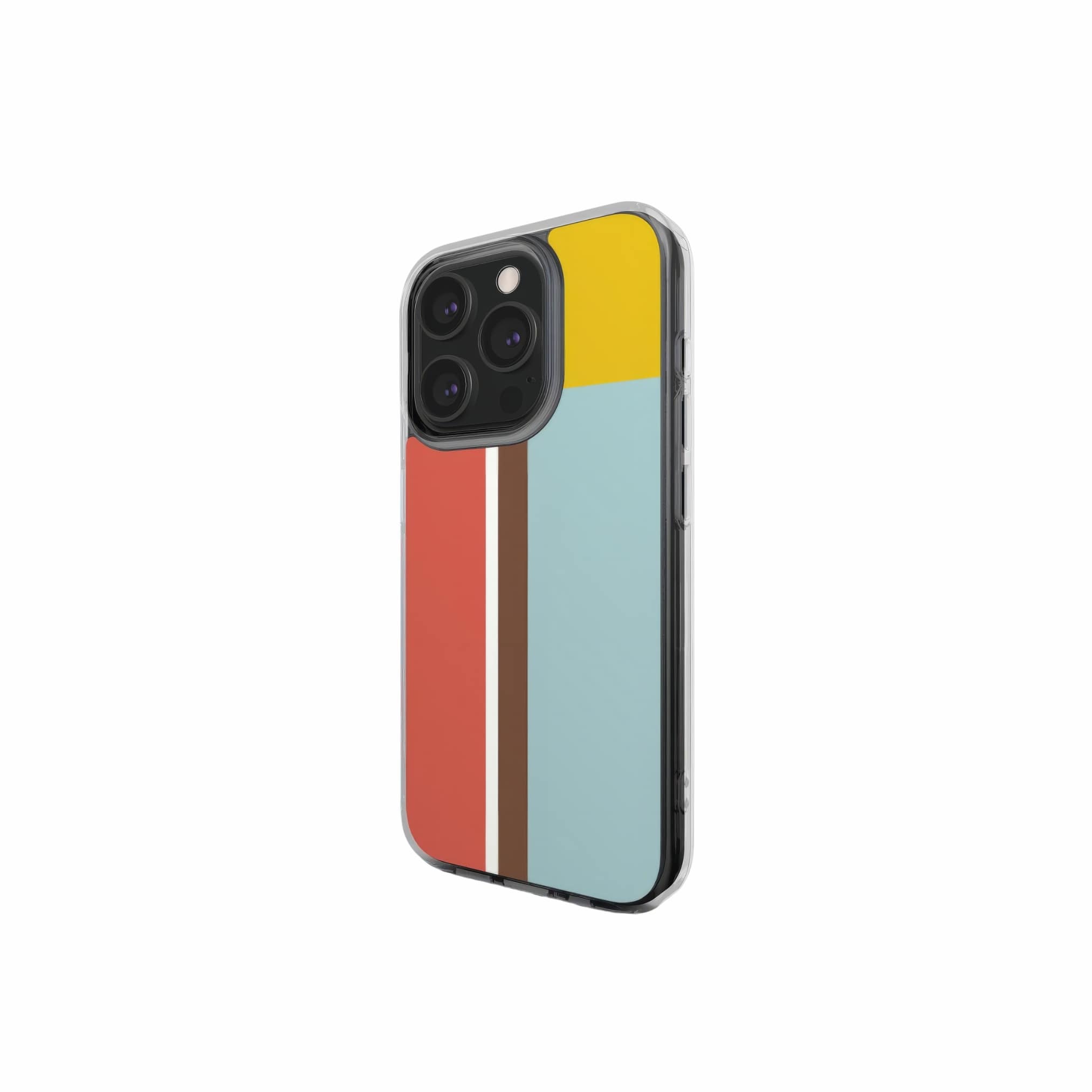 Clear phone case Retro Stripes 2 pattern design with a bold color blocks in vintage, mid century modern style, featuring an elegant and expressive aesthetic design. Main colors are yellow, muted red and light blue. Side view.